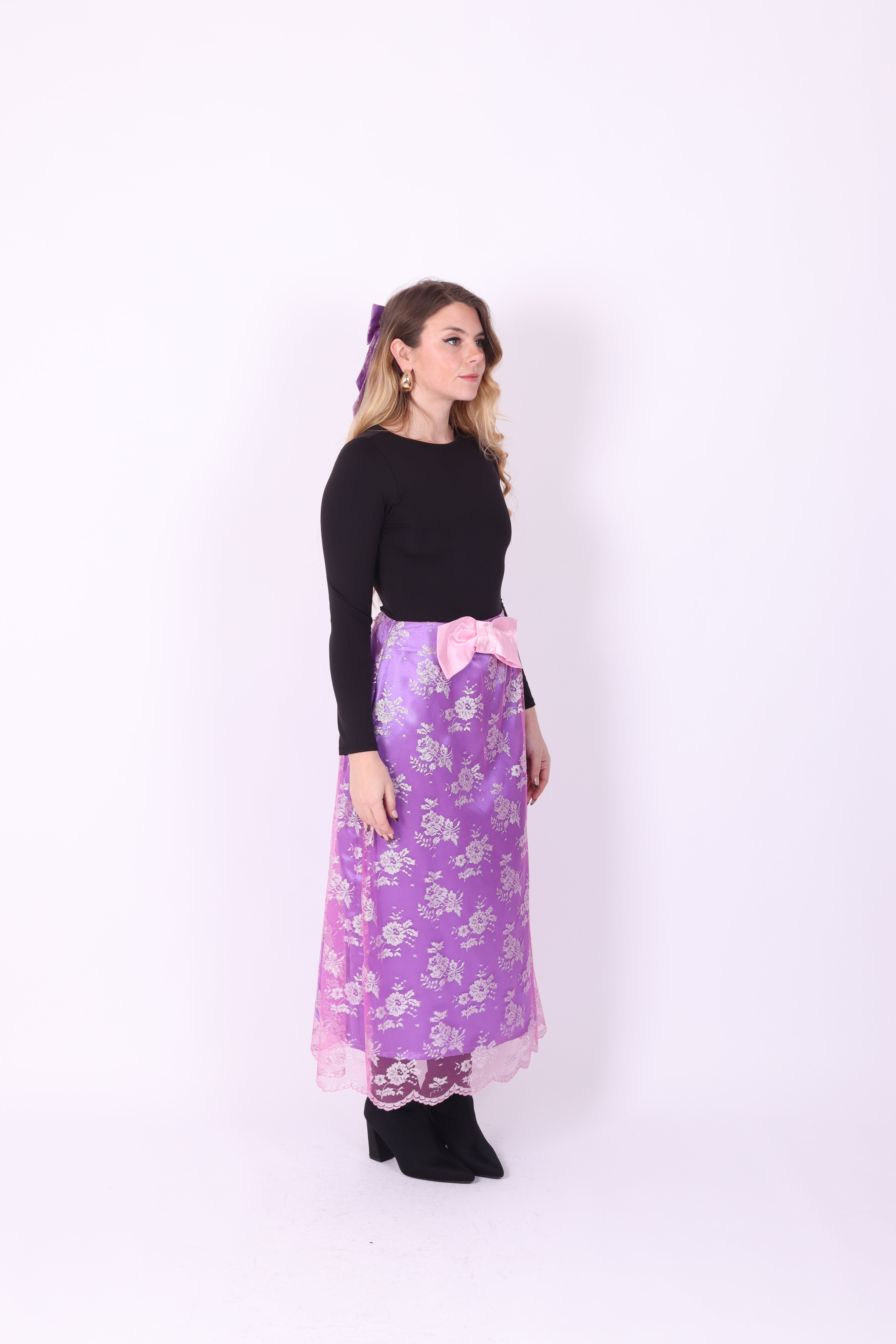 LAMBRETTA ✧ Metallic Pink Lace + Purple Silk + Bow Long Skirt