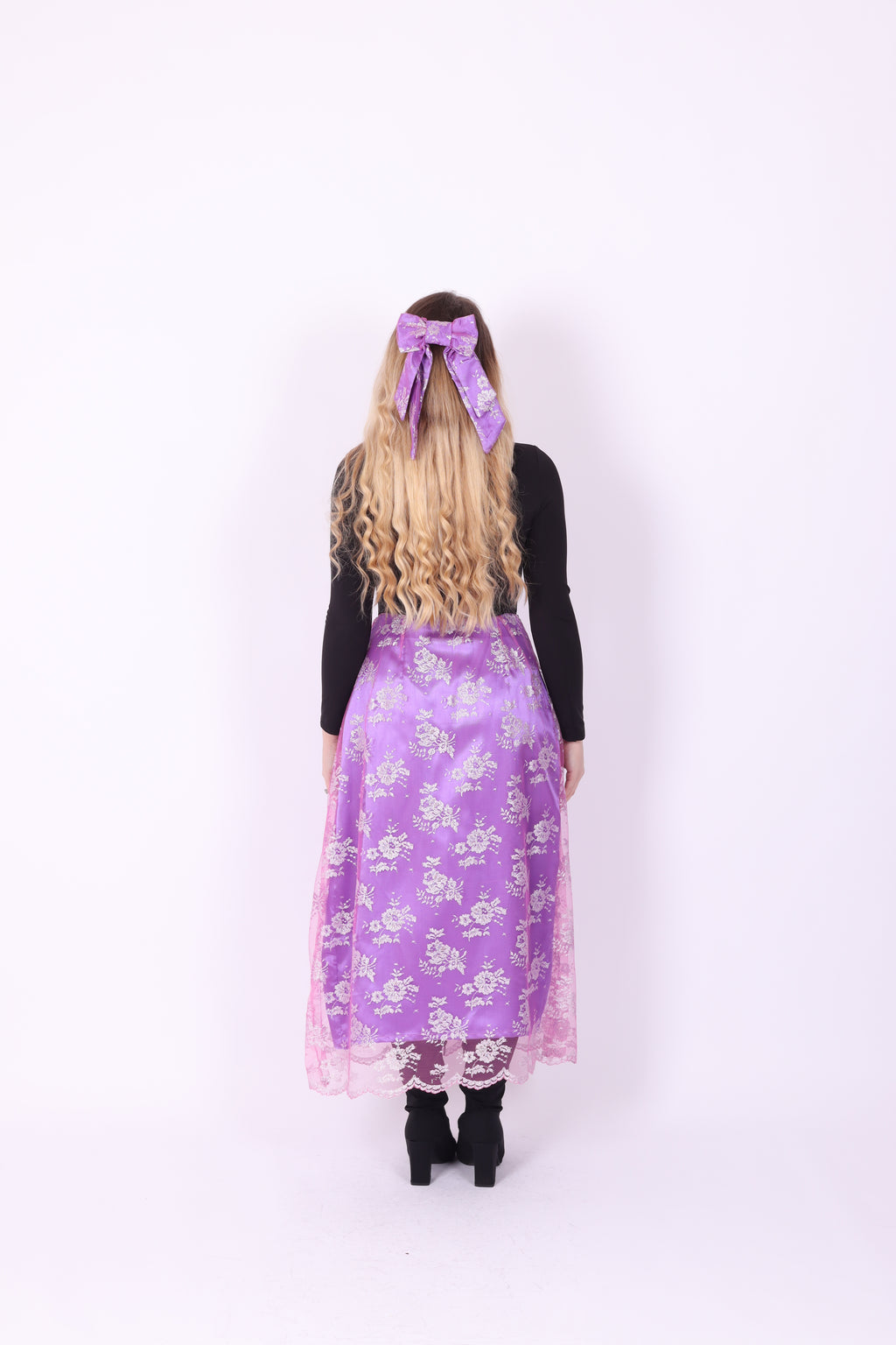 LAMBRETTA ✧ Metallic Pink Lace + Purple Silk + Bow Long Skirt