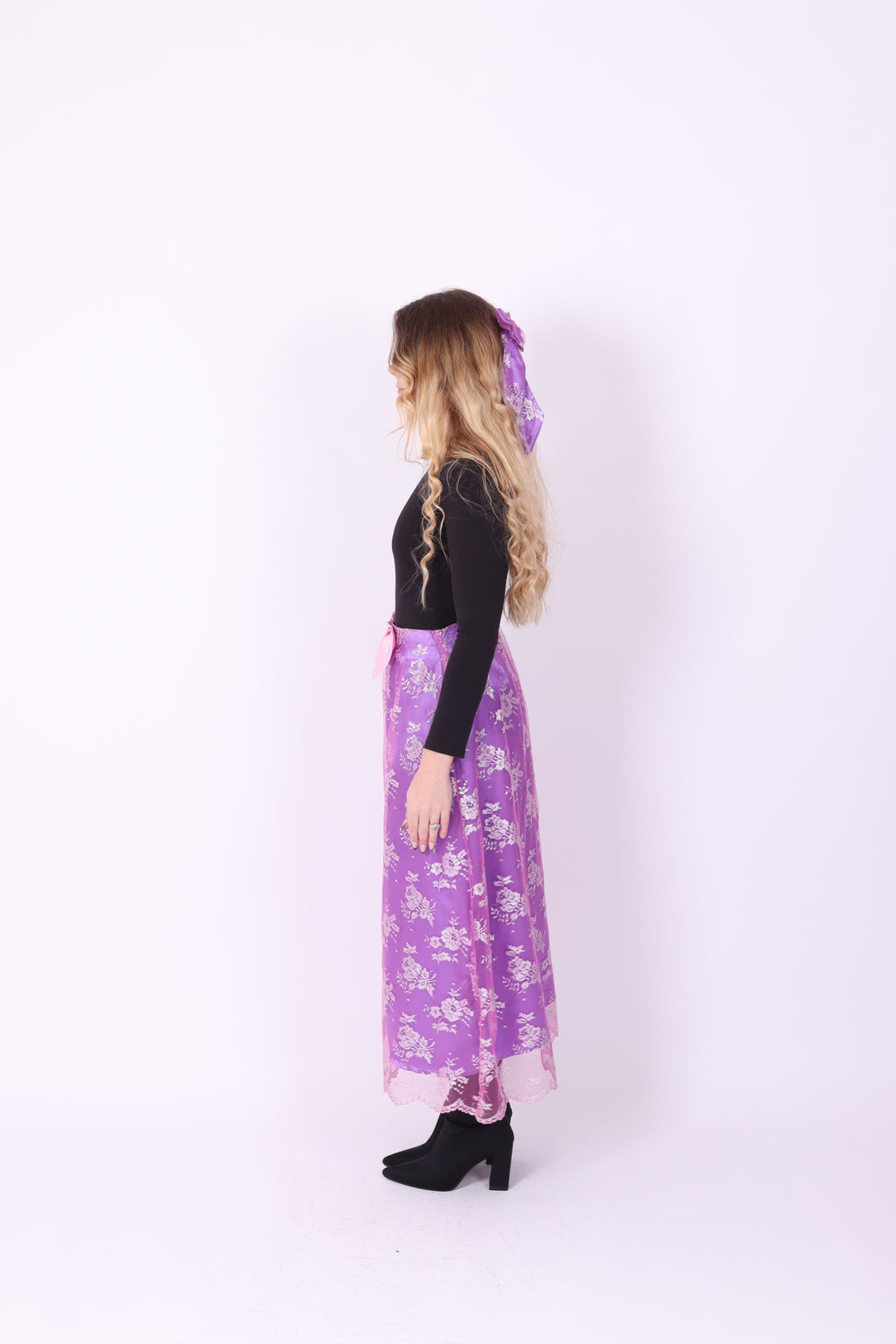 LAMBRETTA ✧ Metallic Pink Lace + Purple Silk + Bow Long Skirt