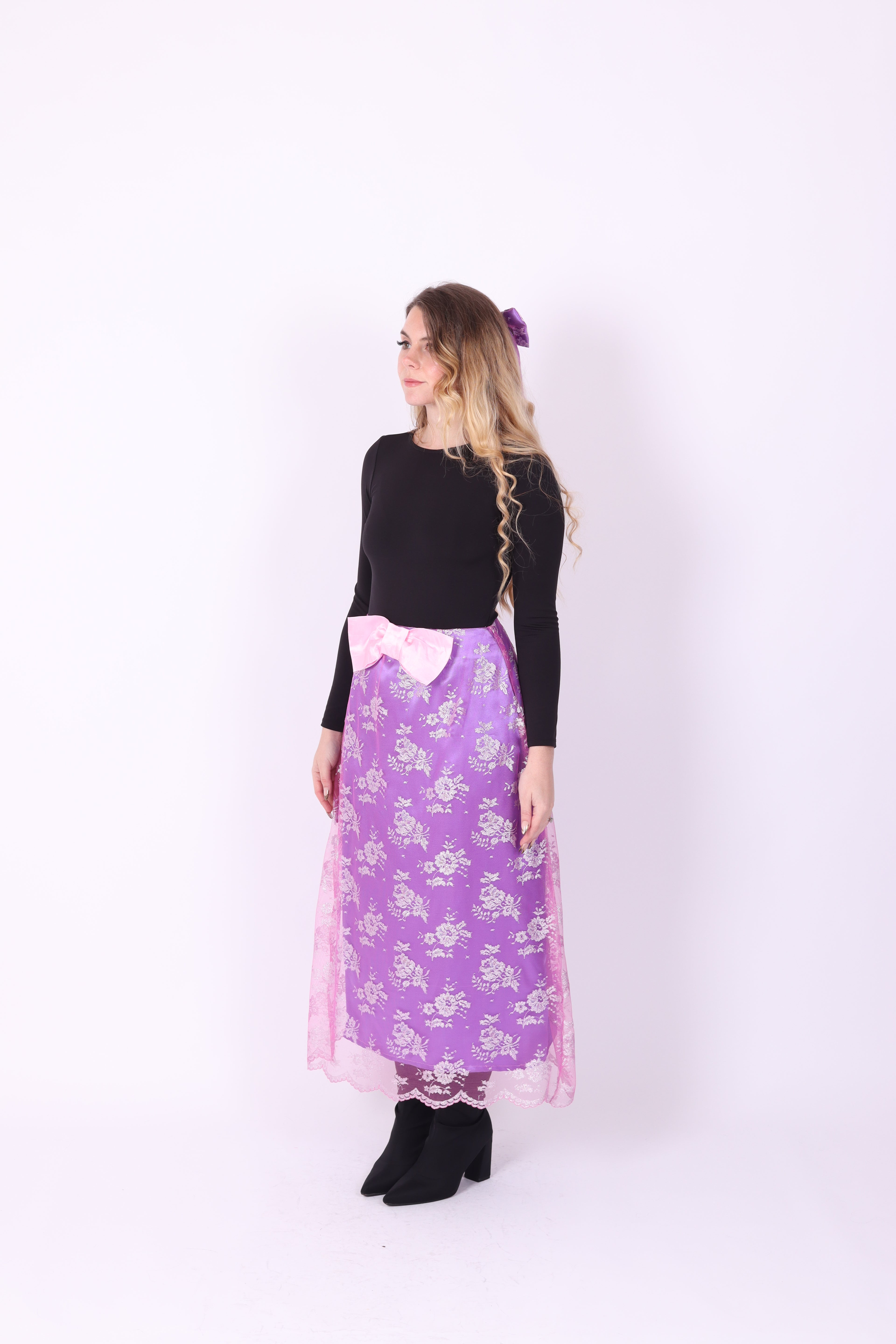 LAMBRETTA ✧ Metallic Pink Lace + Purple Silk + Bow Long Skirt
