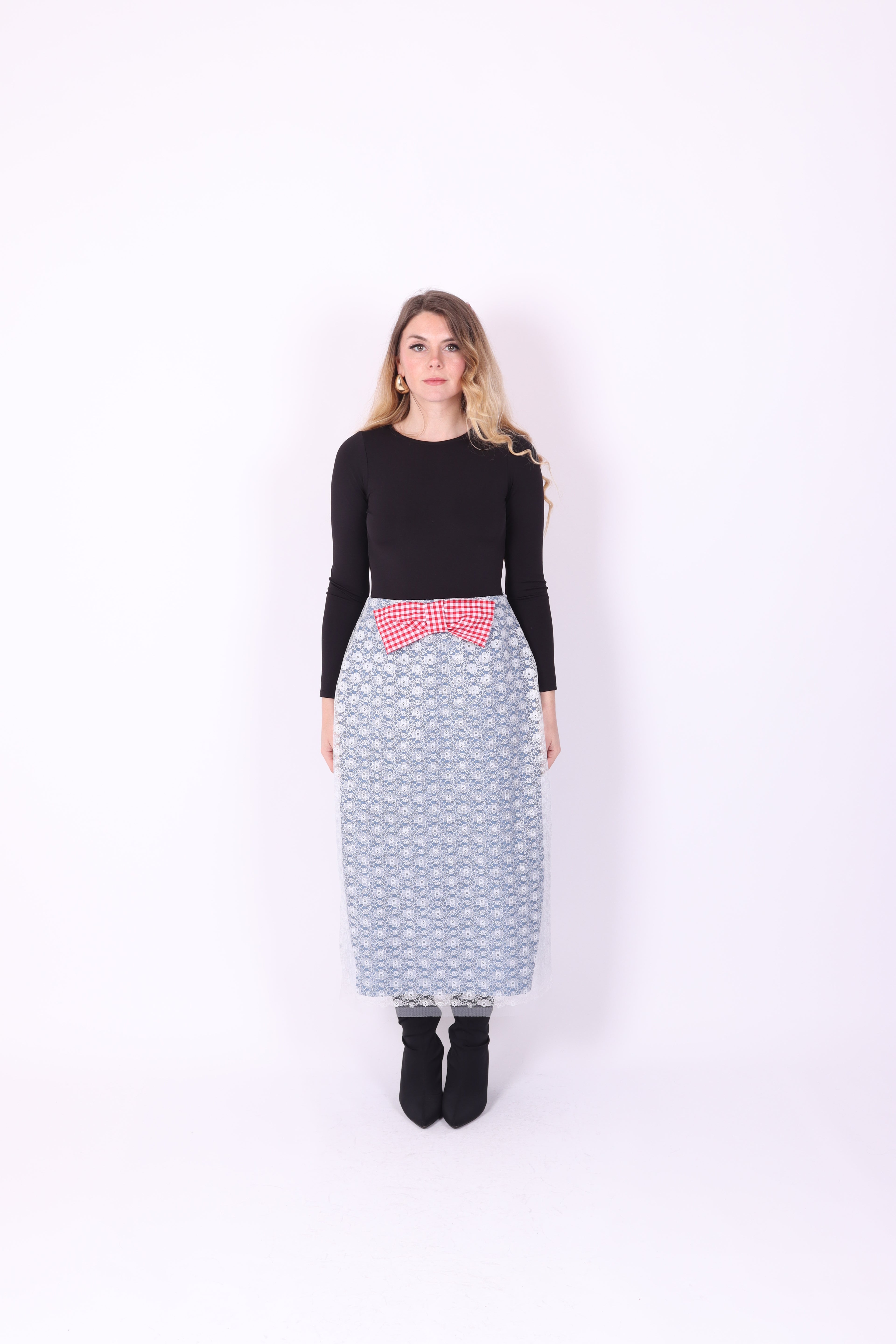 LUCIANA ✧ Denim + White Lace + Red Gingham Bow Long Skirt