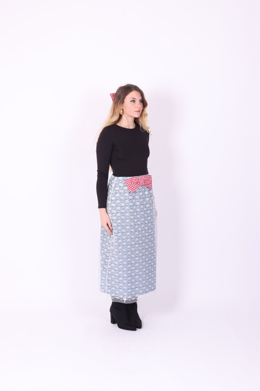LUCIANA ✧ Denim + White Lace + Red Gingham Bow Long Skirt
