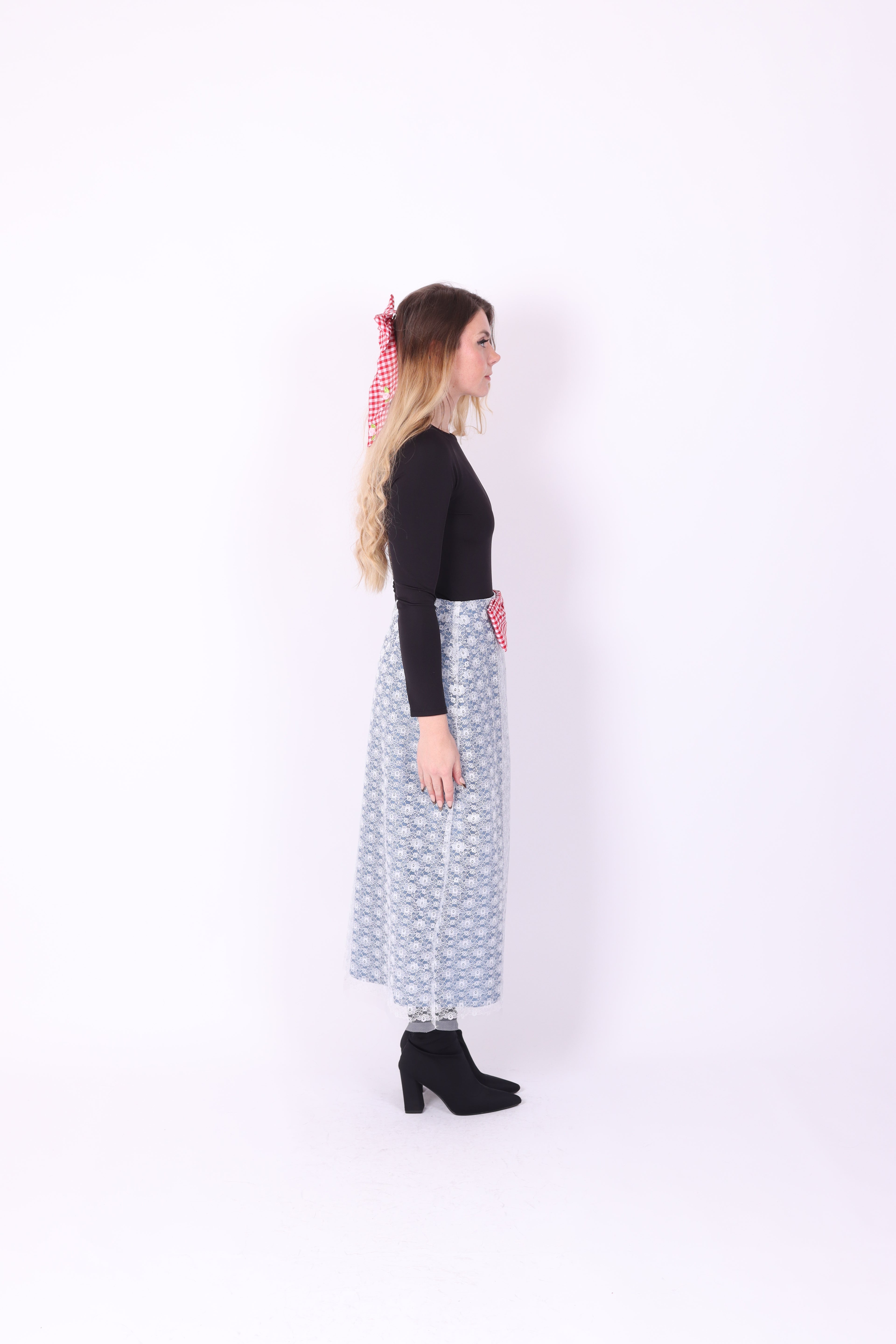 LUCIANA ✧ Denim + White Lace + Red Gingham Bow Long Skirt