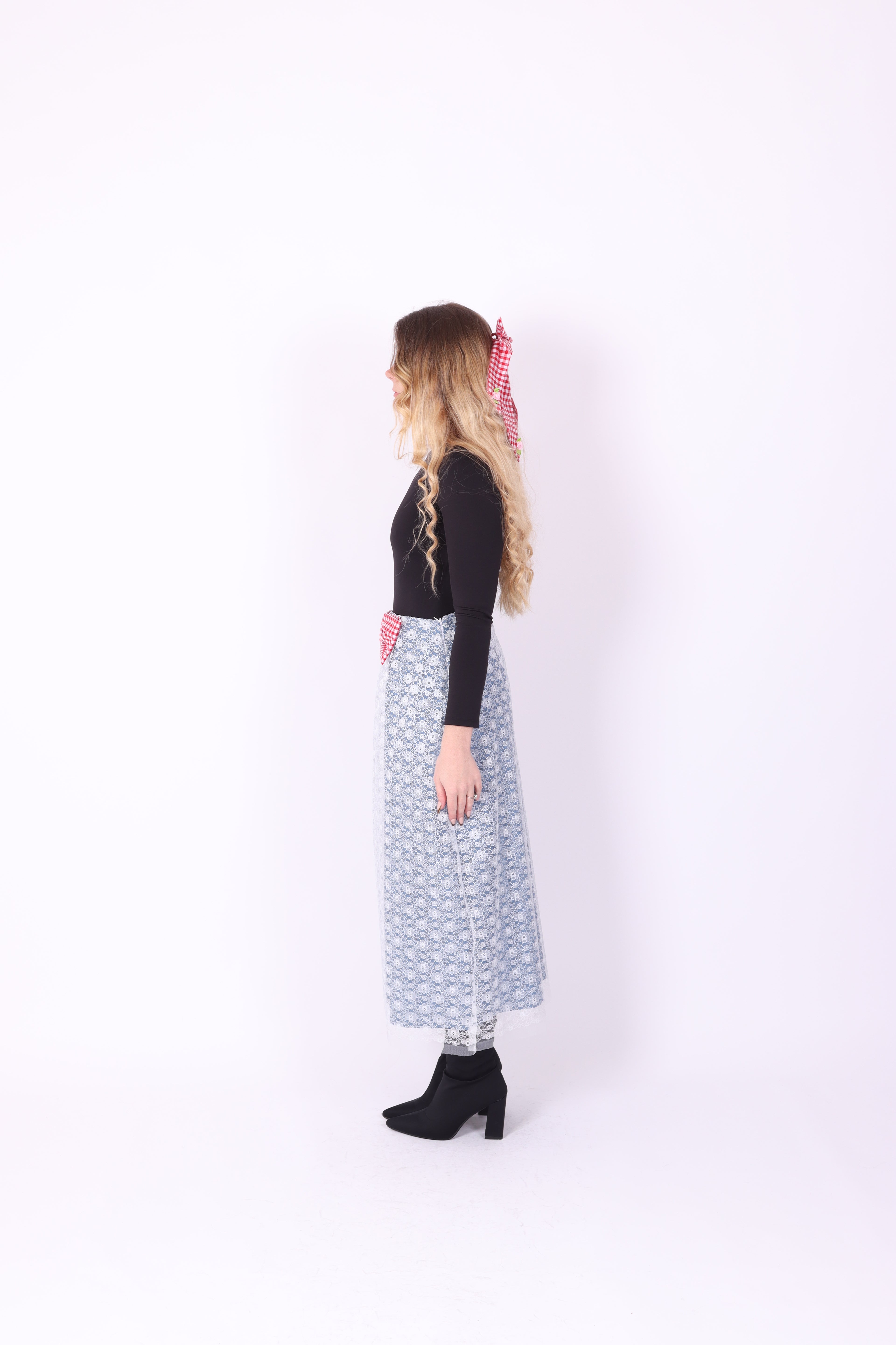 LUCIANA ✧ Denim + White Lace + Red Gingham Bow Long Skirt