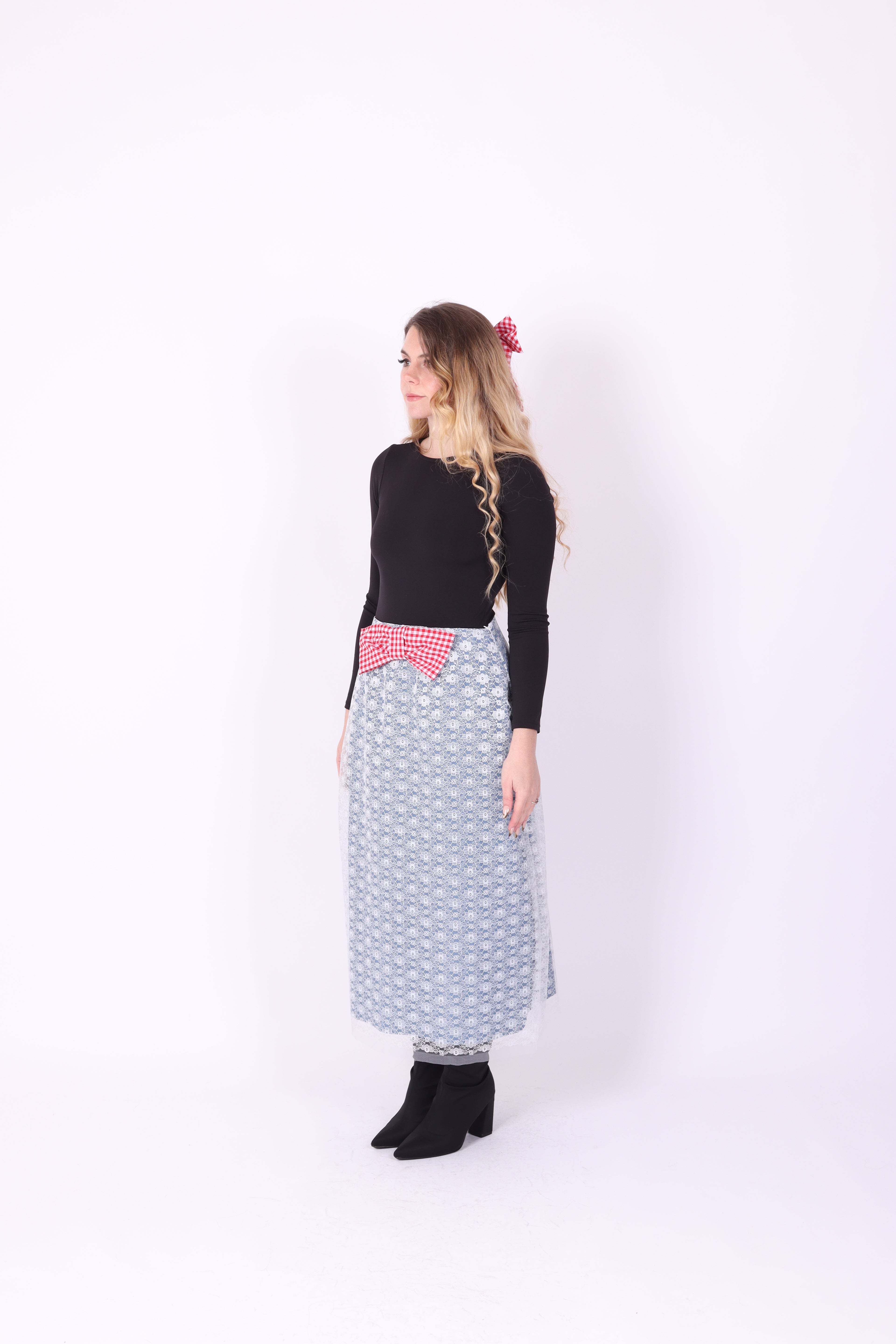 LUCIANA ✧ Denim + White Lace + Red Gingham Bow Long Skirt