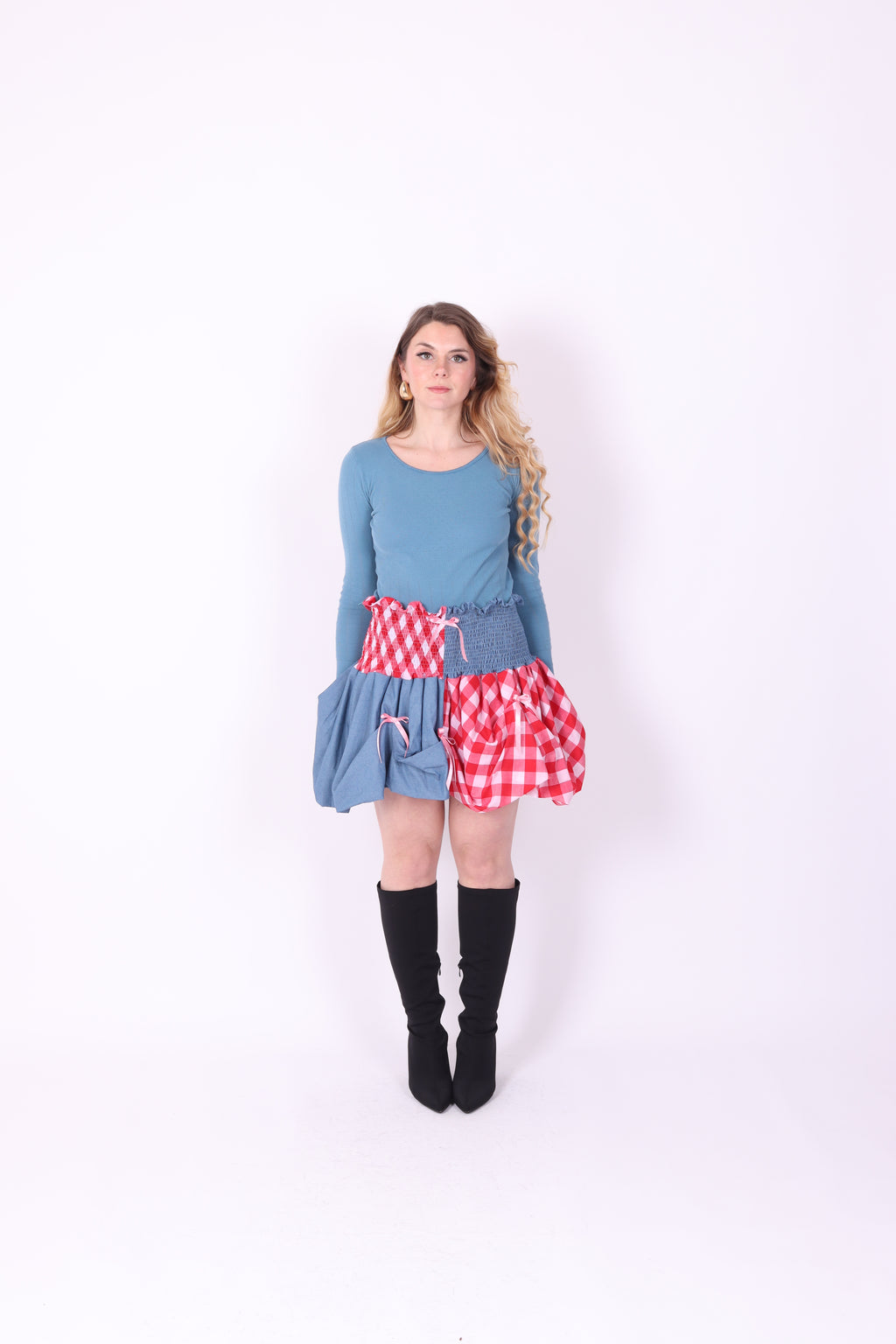 DALLAS ✧ Denim + Gingham Bubble Mini Skirt