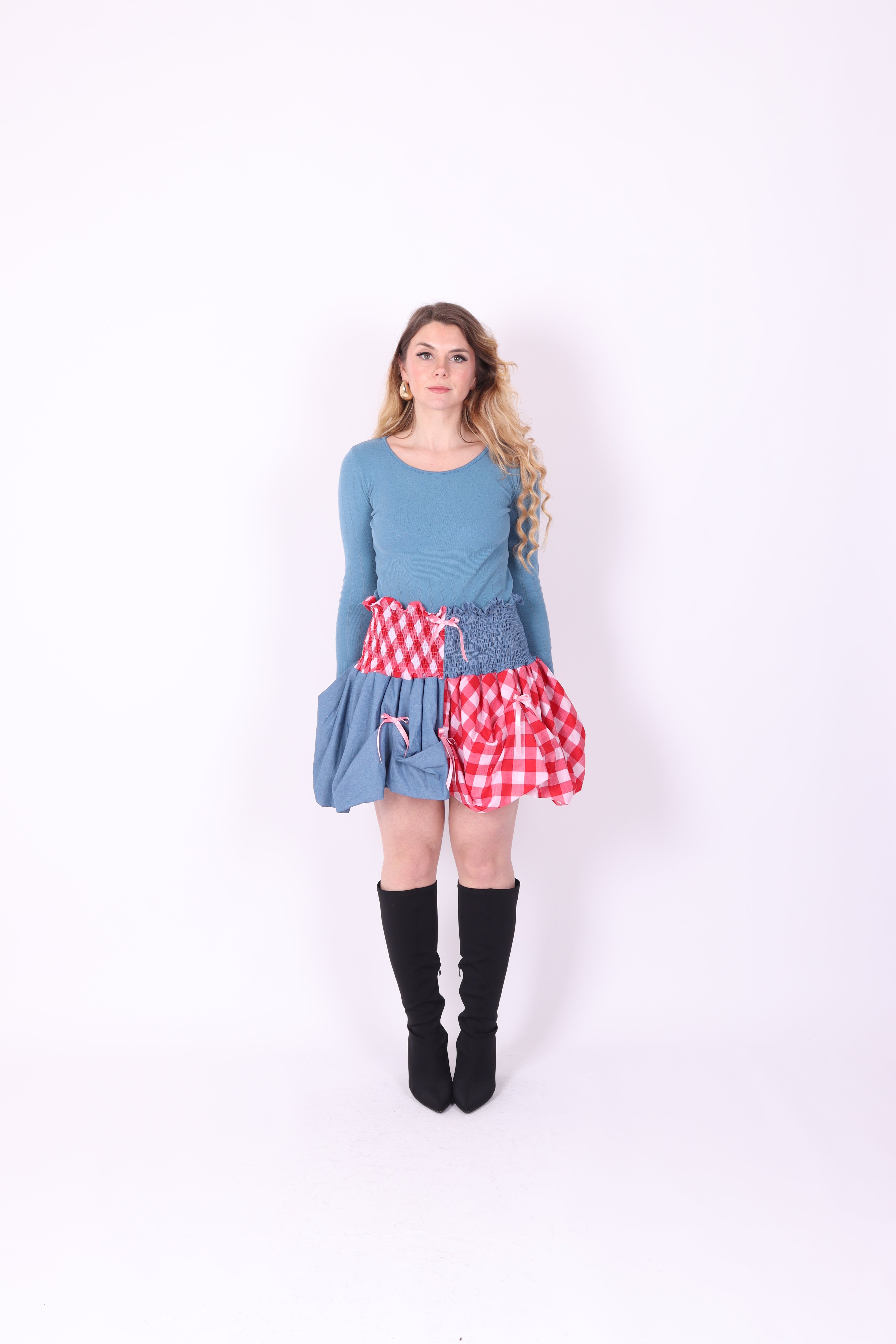 DALLAS ✧ Denim + Gingham Bubble Mini Skirt
