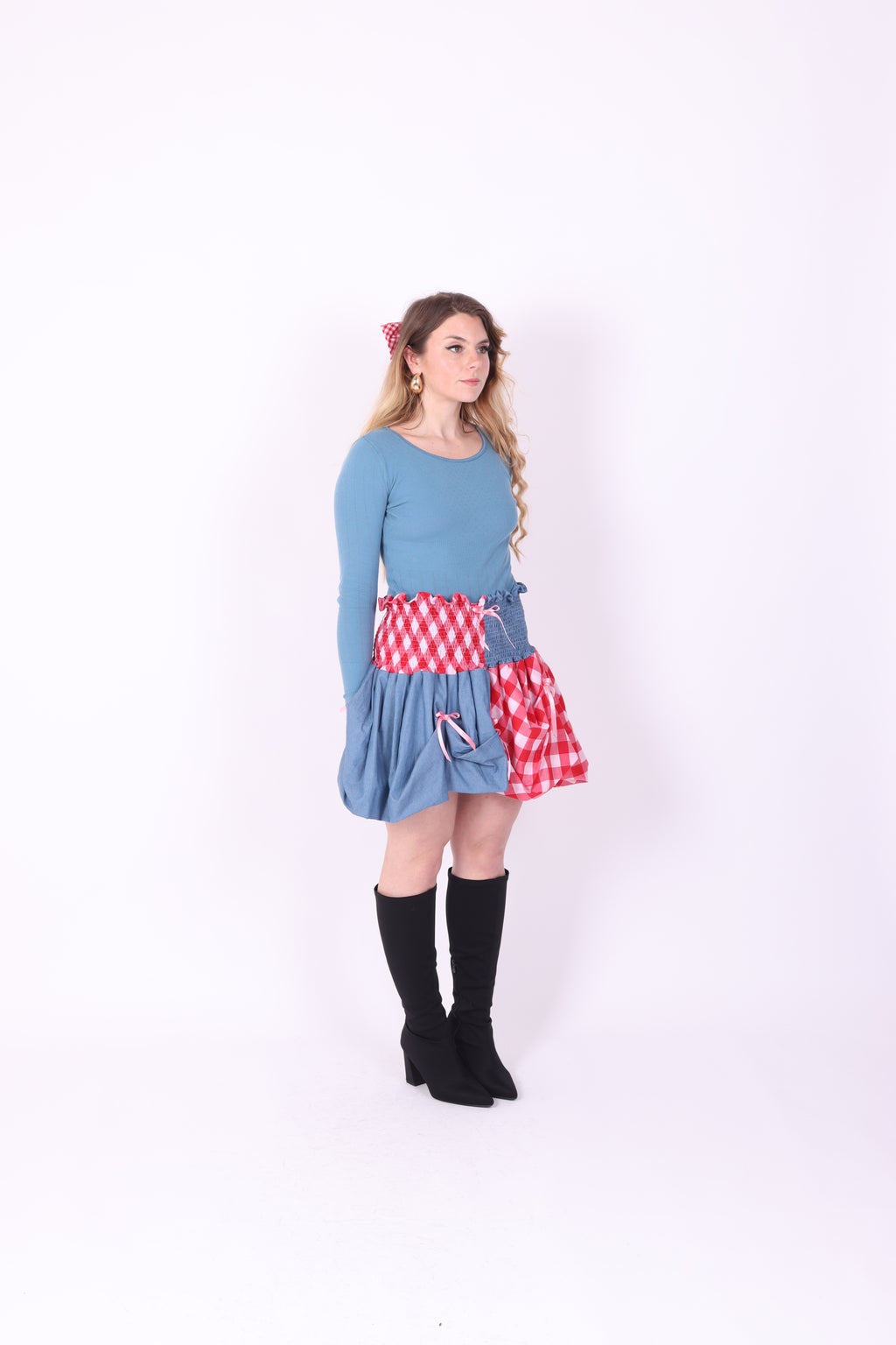 DALLAS ✧ Denim + Gingham Bubble Mini Skirt