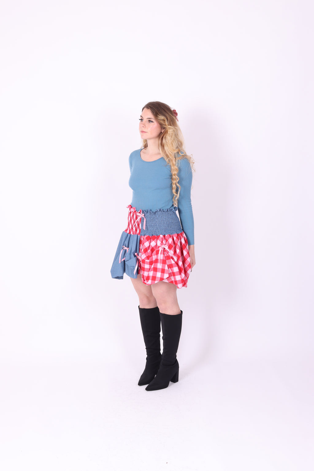 DALLAS ✧ Denim + Gingham Bubble Mini Skirt