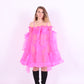 A neon pink organza mini dress with a large bow detail at the sleeve, skirt, and front, featuring a bardot neckline and puff sleeves. Delta Of Phoenix neon pink Cordelia dress