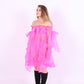 A neon pink organza mini dress with a large bow detail at the sleeve, skirt, and front, featuring a bardot neckline and puff sleeves. Delta Of Phoenix neon pink Cordelia dress