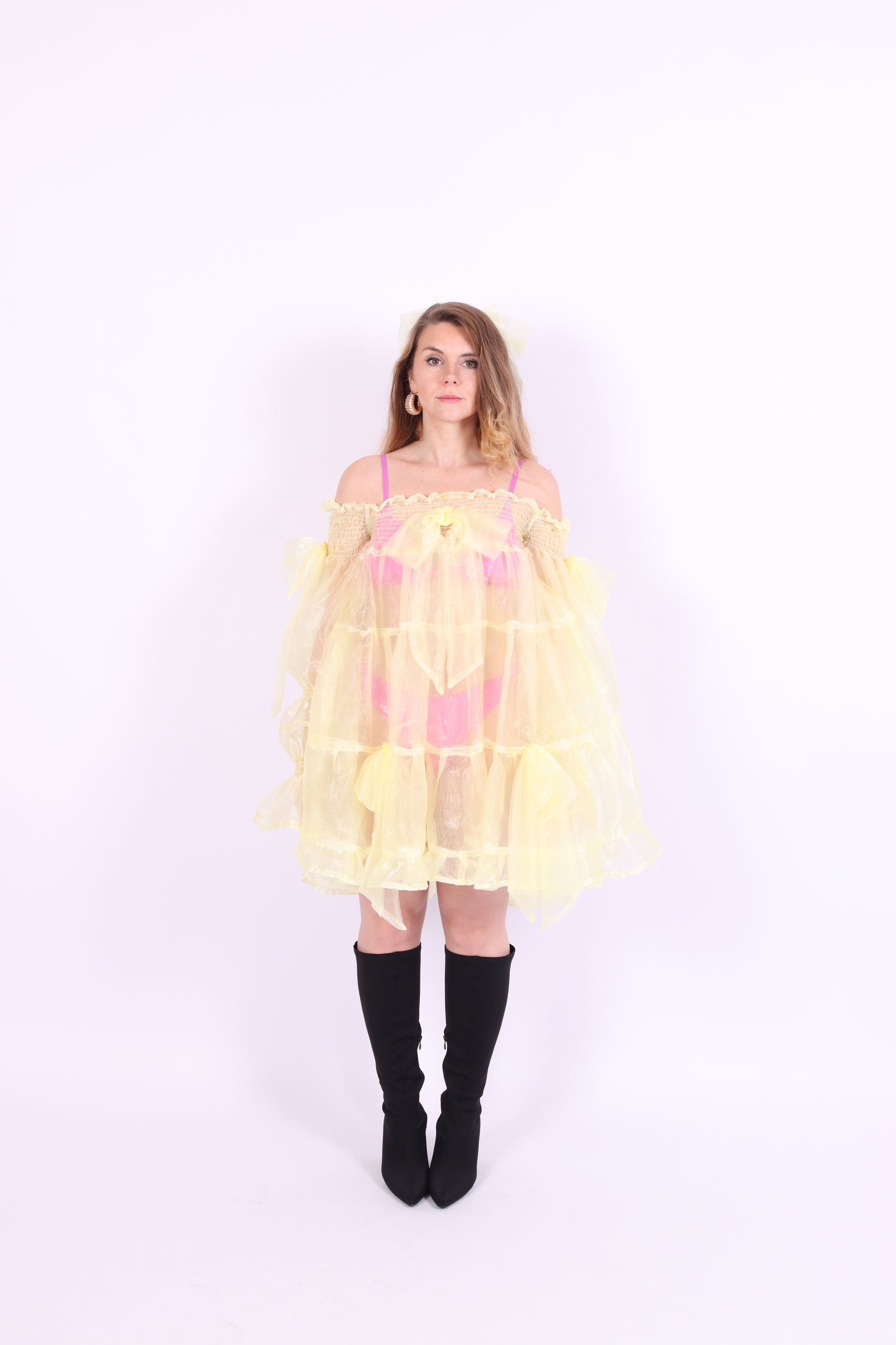 Butter yellow mini dress with bows - Clover Puff Dress - Delta Of Phoenix