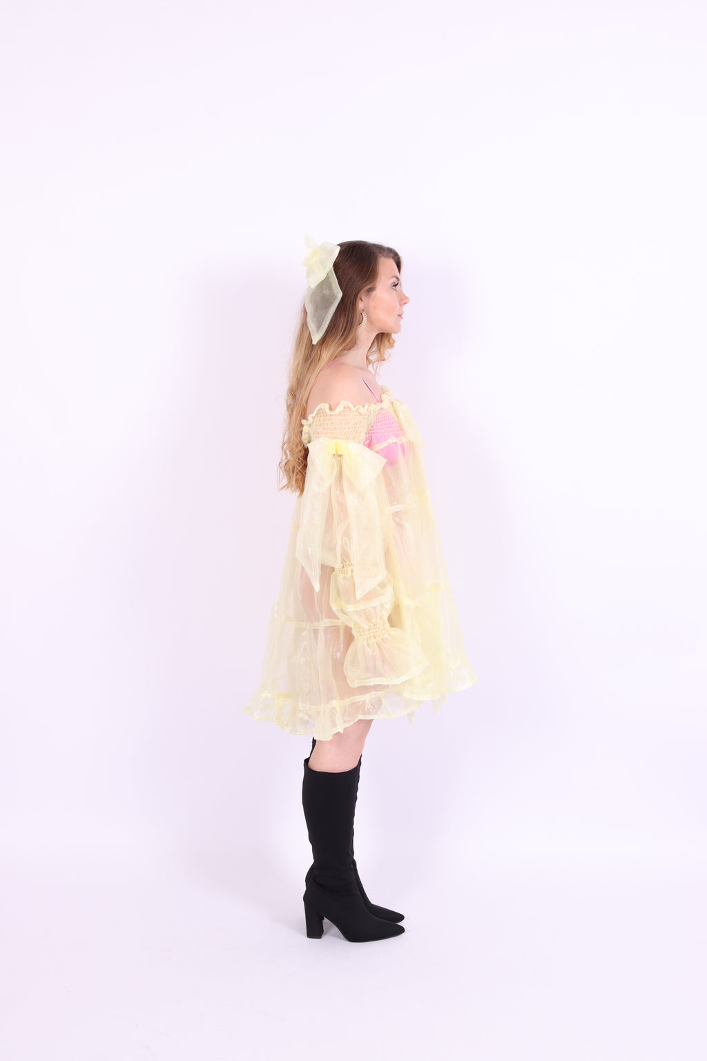 Butter yellow mini dress with bows - Clover Puff Dress - Delta Of Phoenix