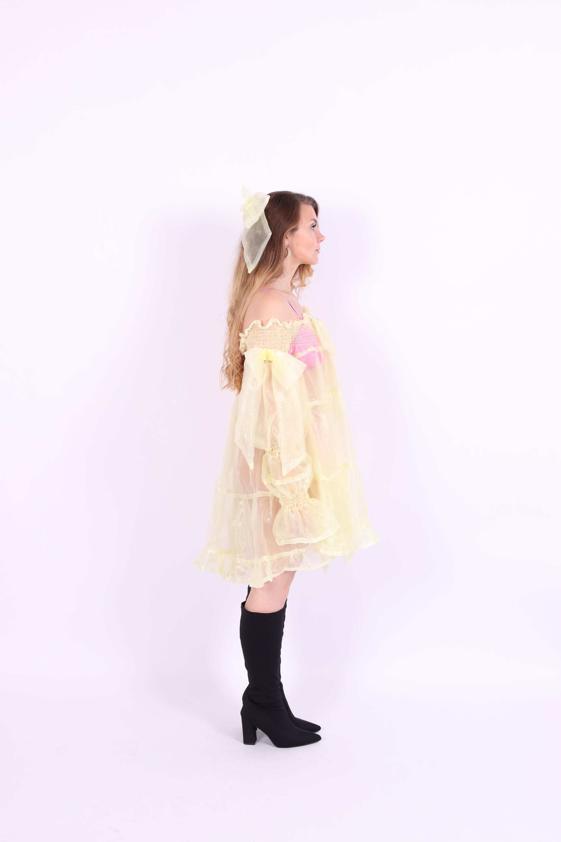 Butter yellow mini dress with bows - Clover Puff Dress - Delta Of Phoenix