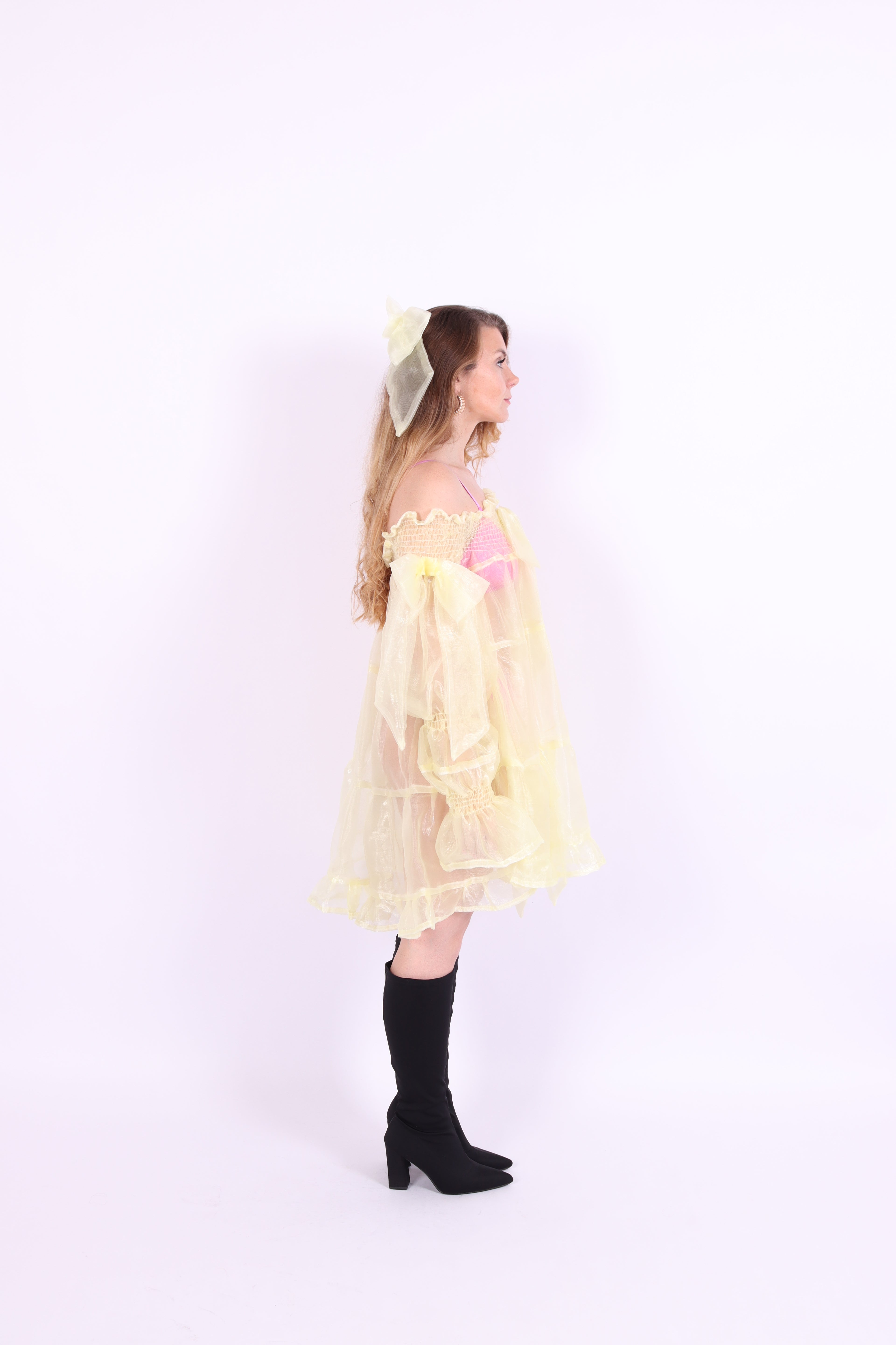 Butter yellow mini dress with bows - Clover Puff Dress - Delta Of Phoenix