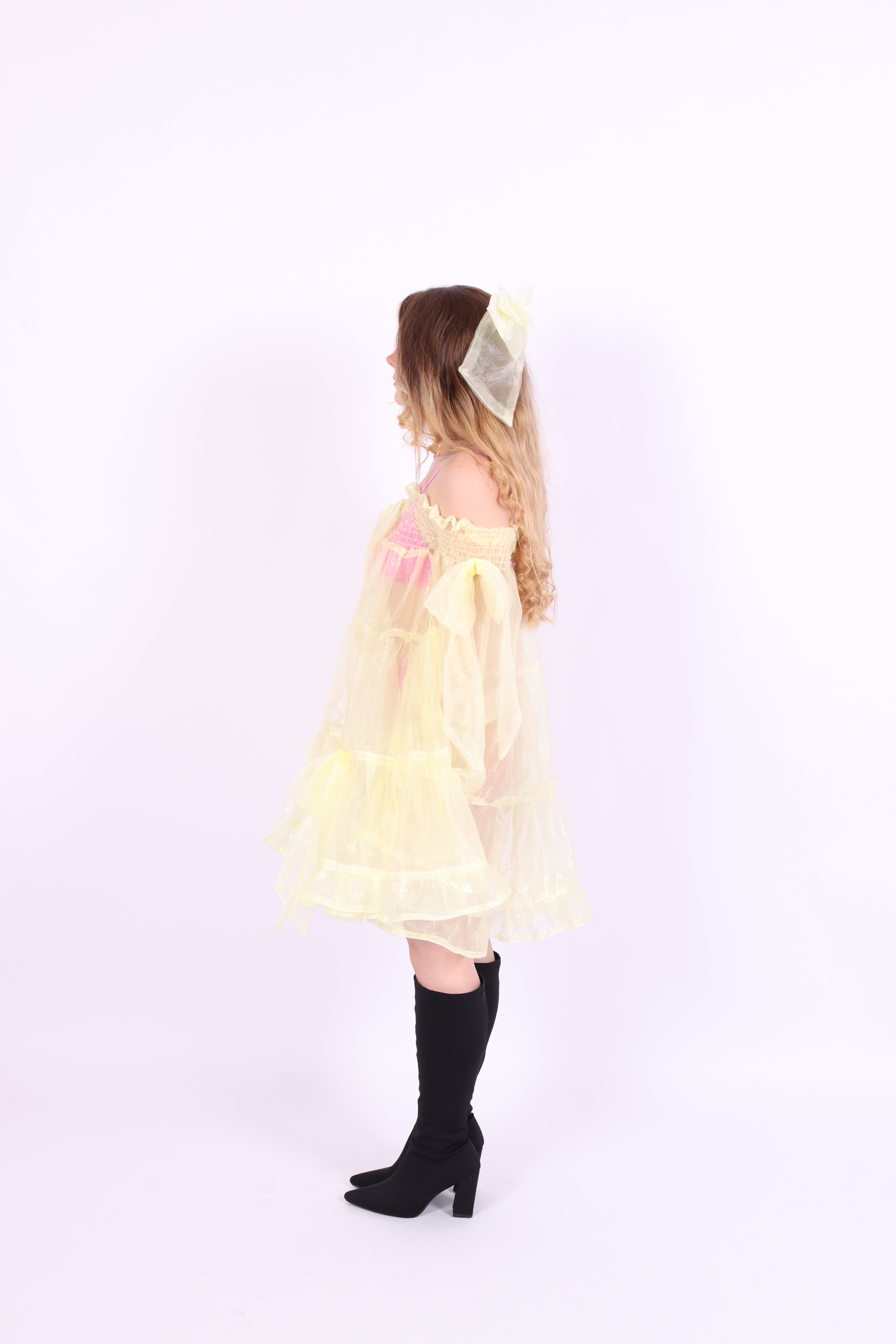 Butter yellow mini dress with bows - Clover Puff Dress - Delta Of Phoenix
