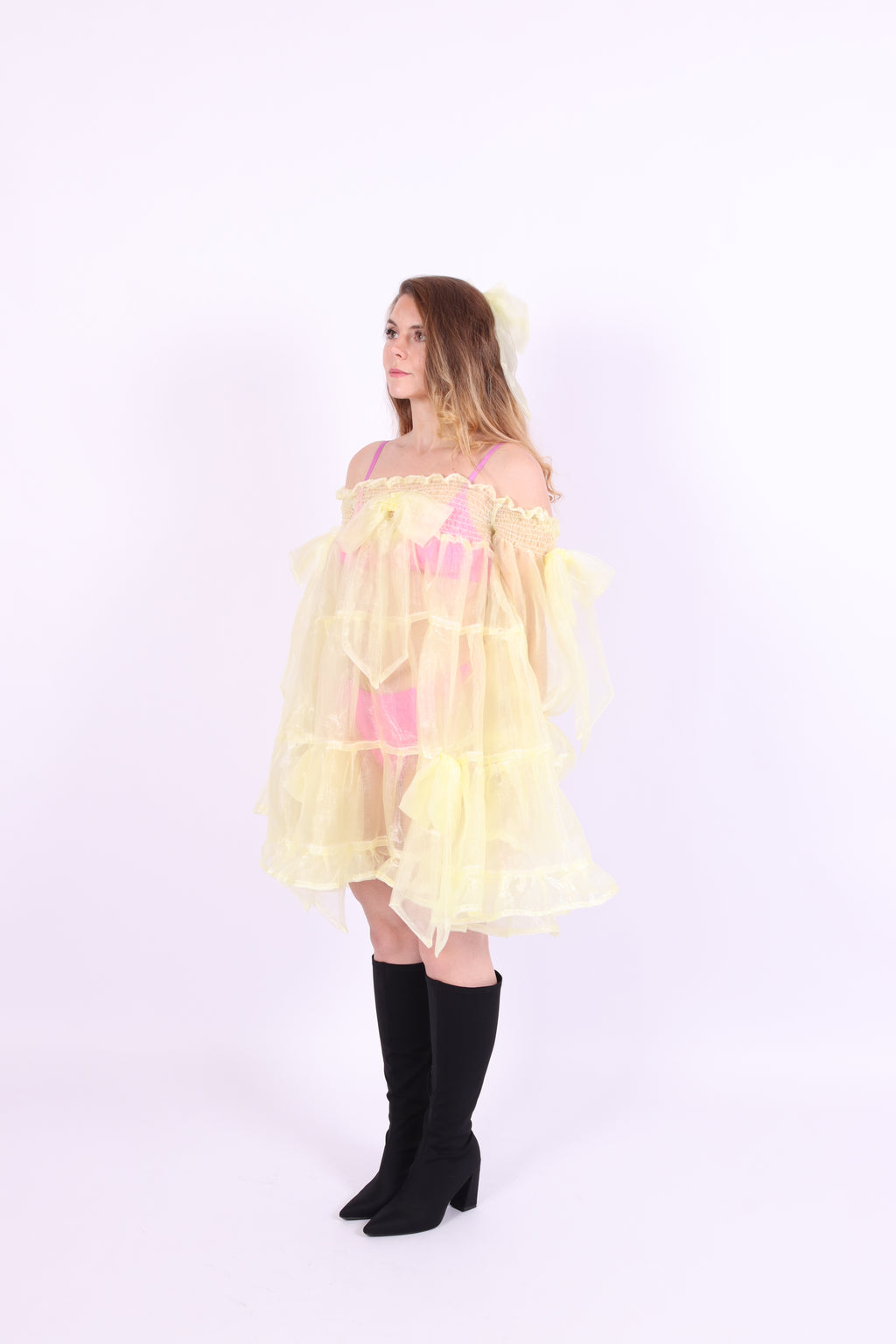Butter yellow mini dress with bows - Clover Puff Dress - Delta Of Phoenix