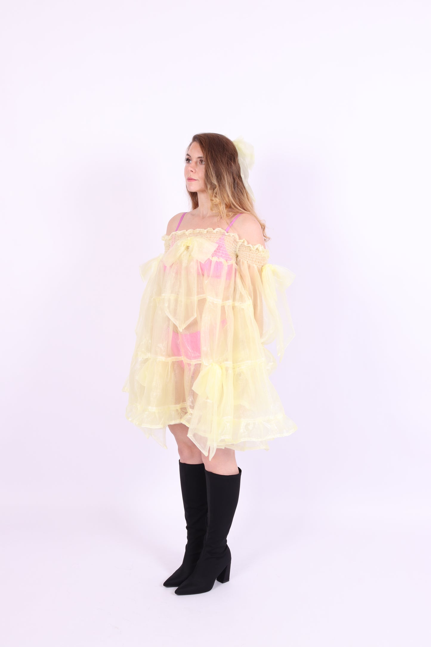 Butter yellow mini dress with bows - Clover Puff Dress - Delta Of Phoenix