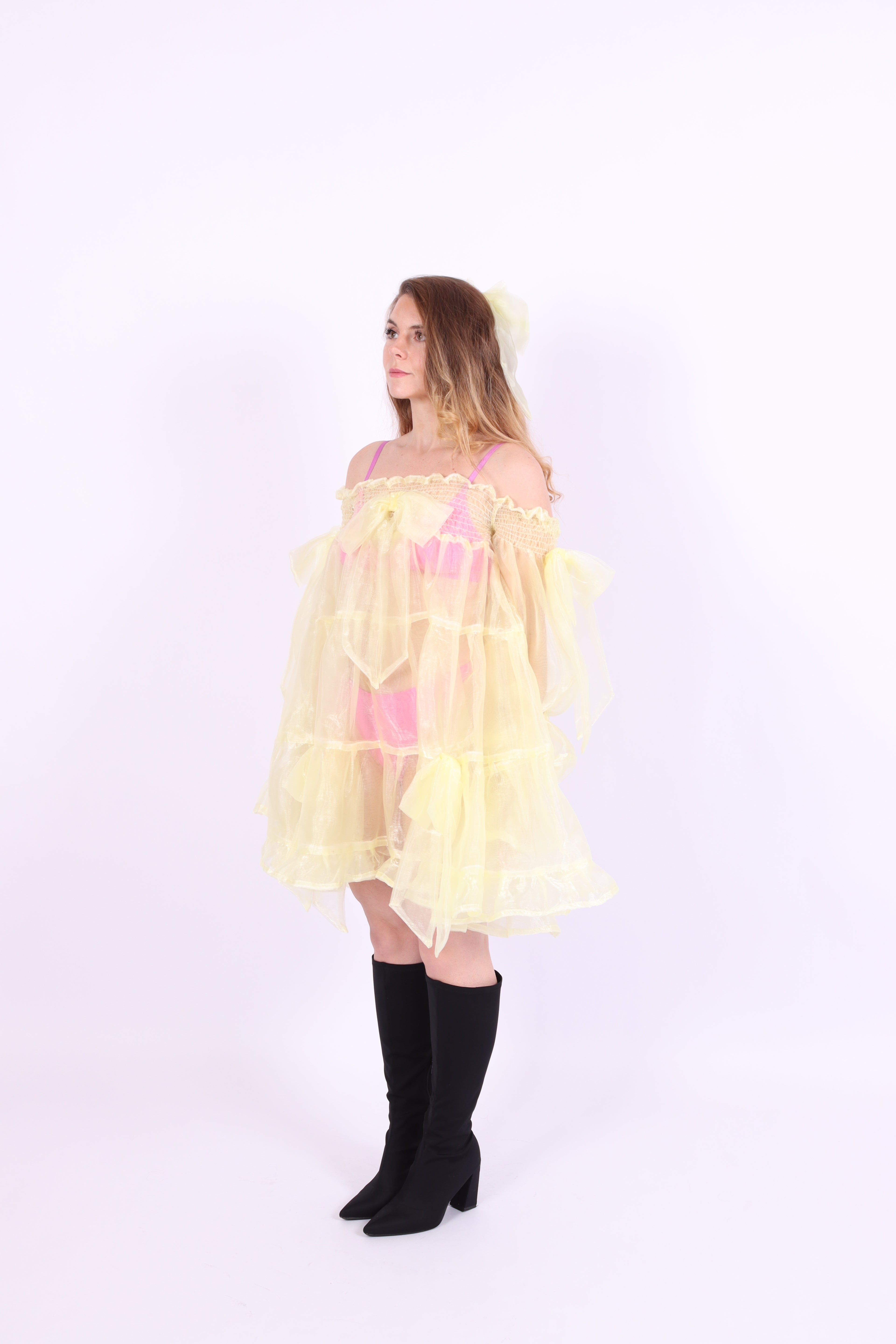 Butter yellow mini dress with bows - Clover Puff Dress - Delta Of Phoenix