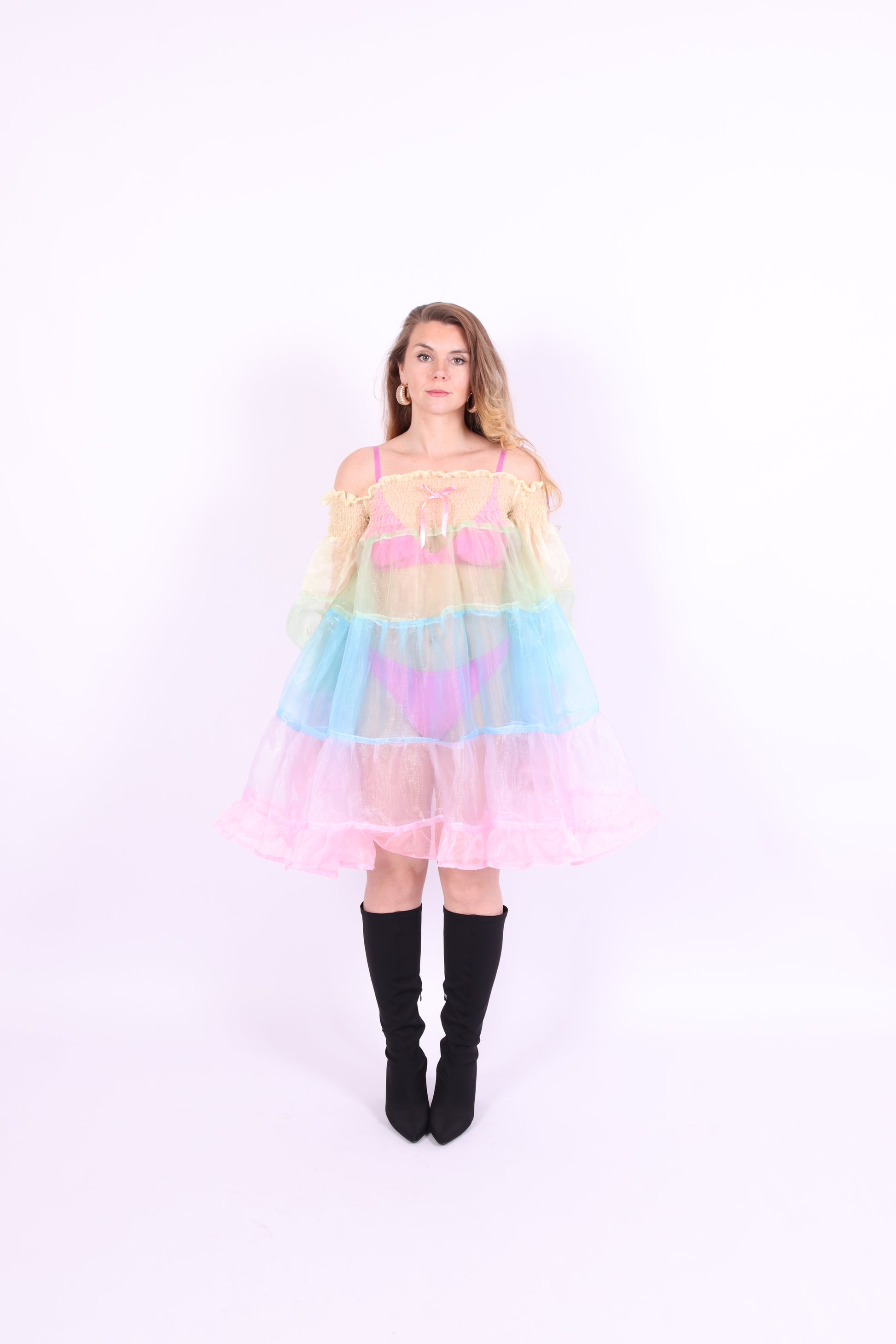 Colorful pastel rainbow tiered mini puff dress - Cirro 3.0 Dress - Delta Of Phoenix