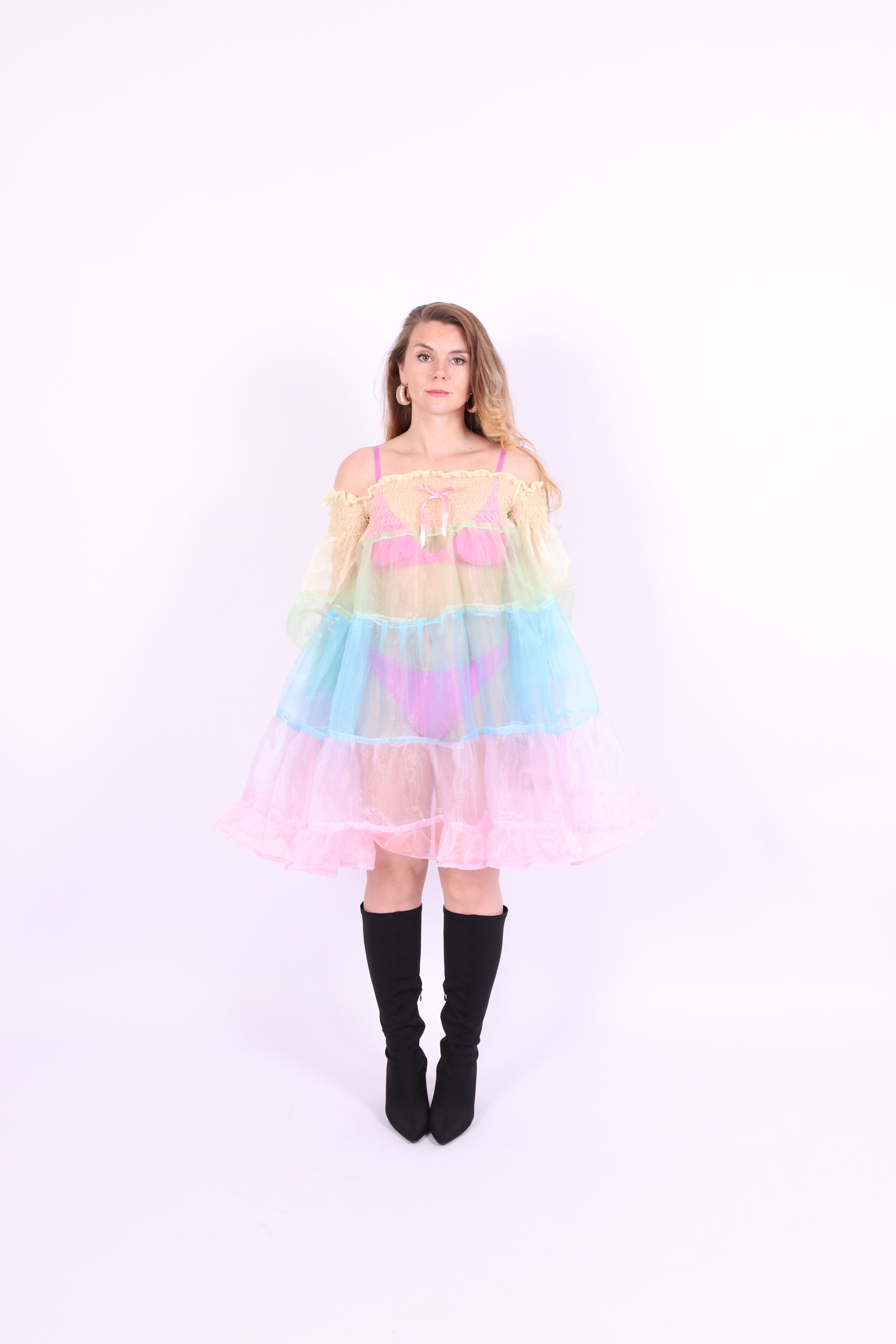 Colorful pastel rainbow tiered mini puff dress - Cirro 3.0 Dress - Delta Of Phoenix