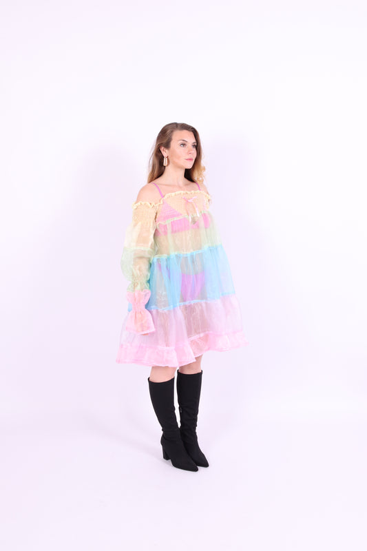Colorful pastel rainbow tiered mini puff dress - Cirro 3.0 Dress - Delta Of Phoenix