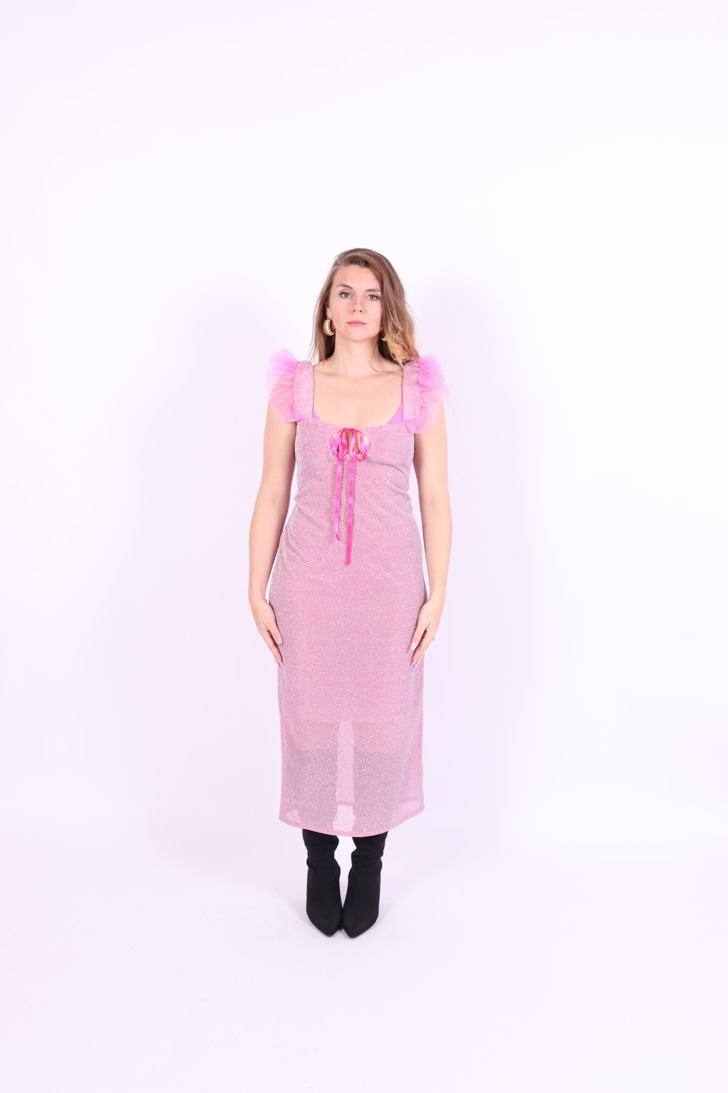 Pink long glitter dress with ruffled straps, keyhole bust with ribbon - Juno Dress - Delta Of Phoenix