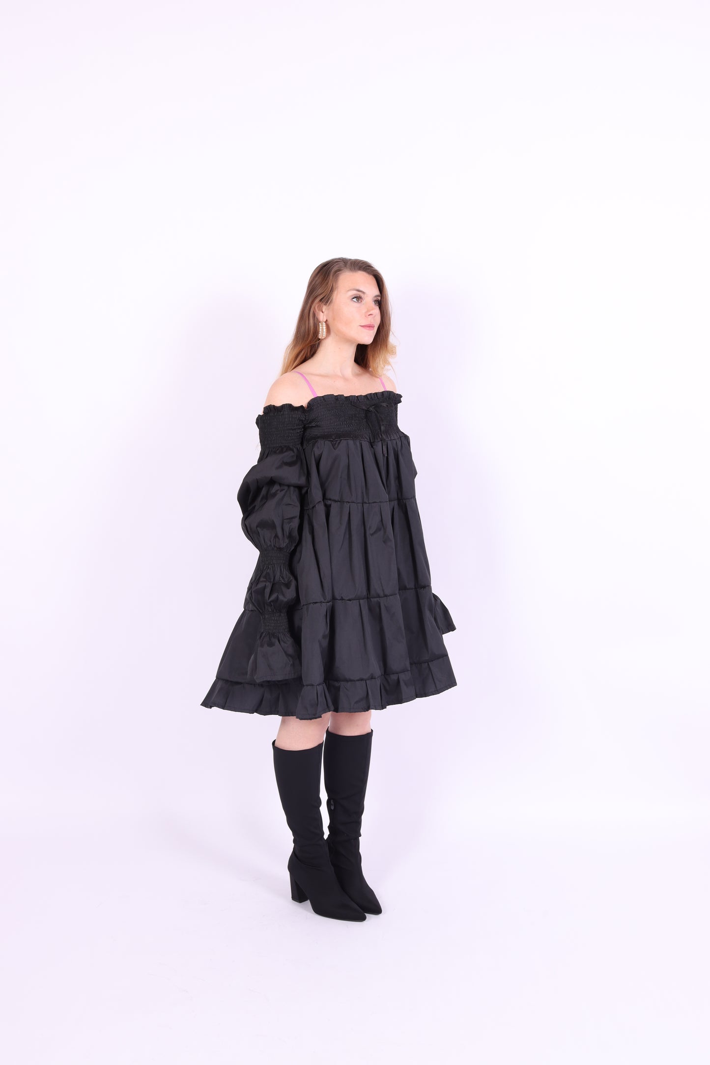 Black tiered taffeta mini puff dress with long puff sleeve - Bellatrix Dress - Delta Of Phoenix