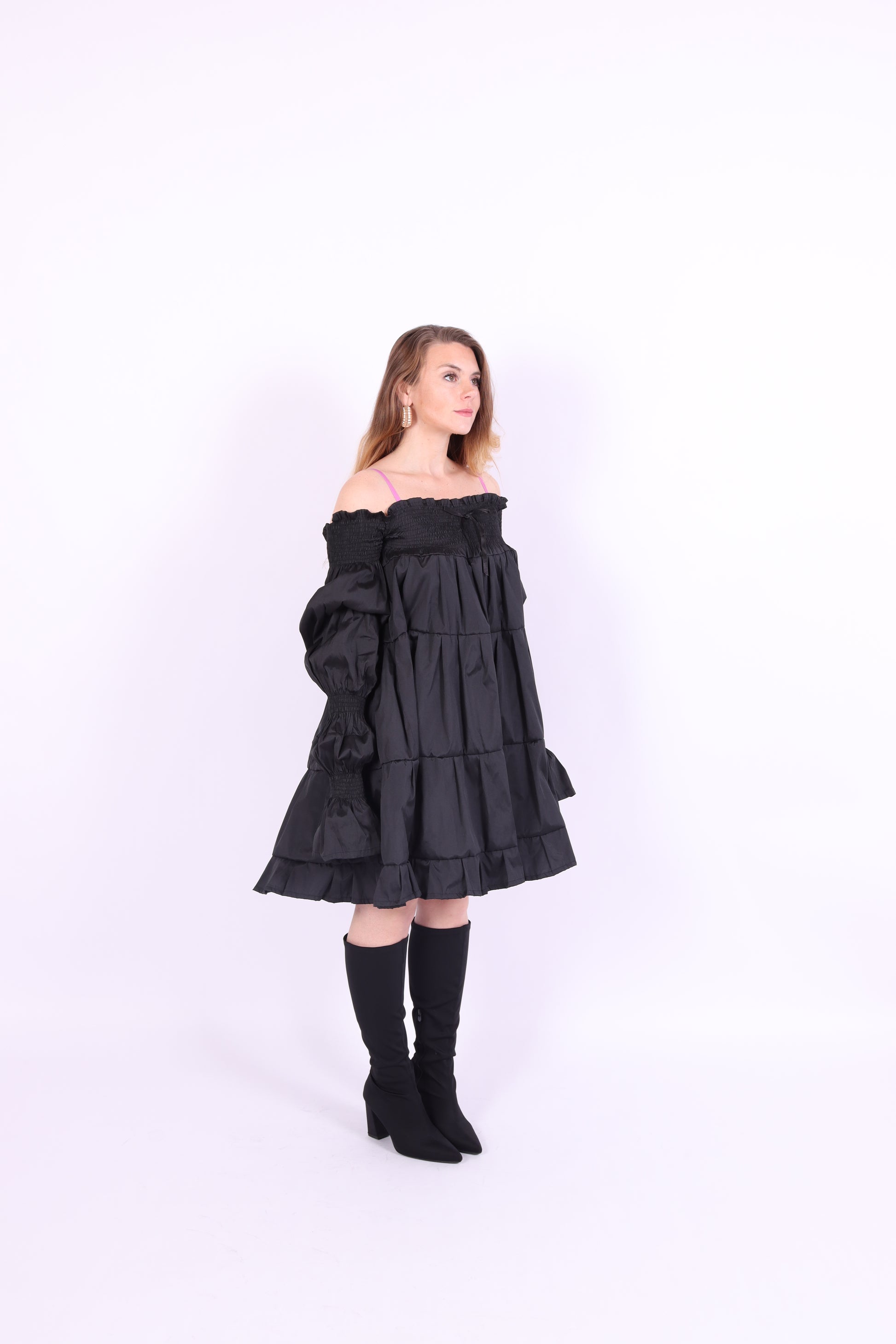 Black tiered taffeta mini puff dress with long puff sleeve - Bellatrix Dress - Delta Of Phoenix