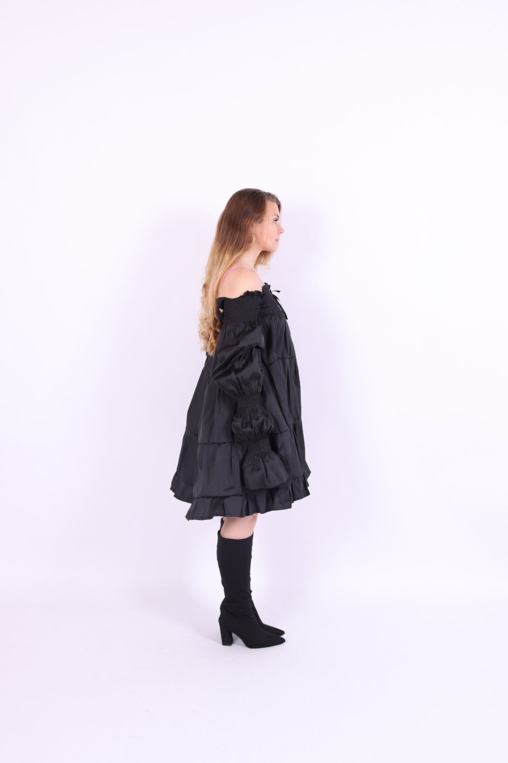 Black tiered taffeta mini puff dress with long puff sleeve - Bellatrix Dress - Delta Of Phoenix