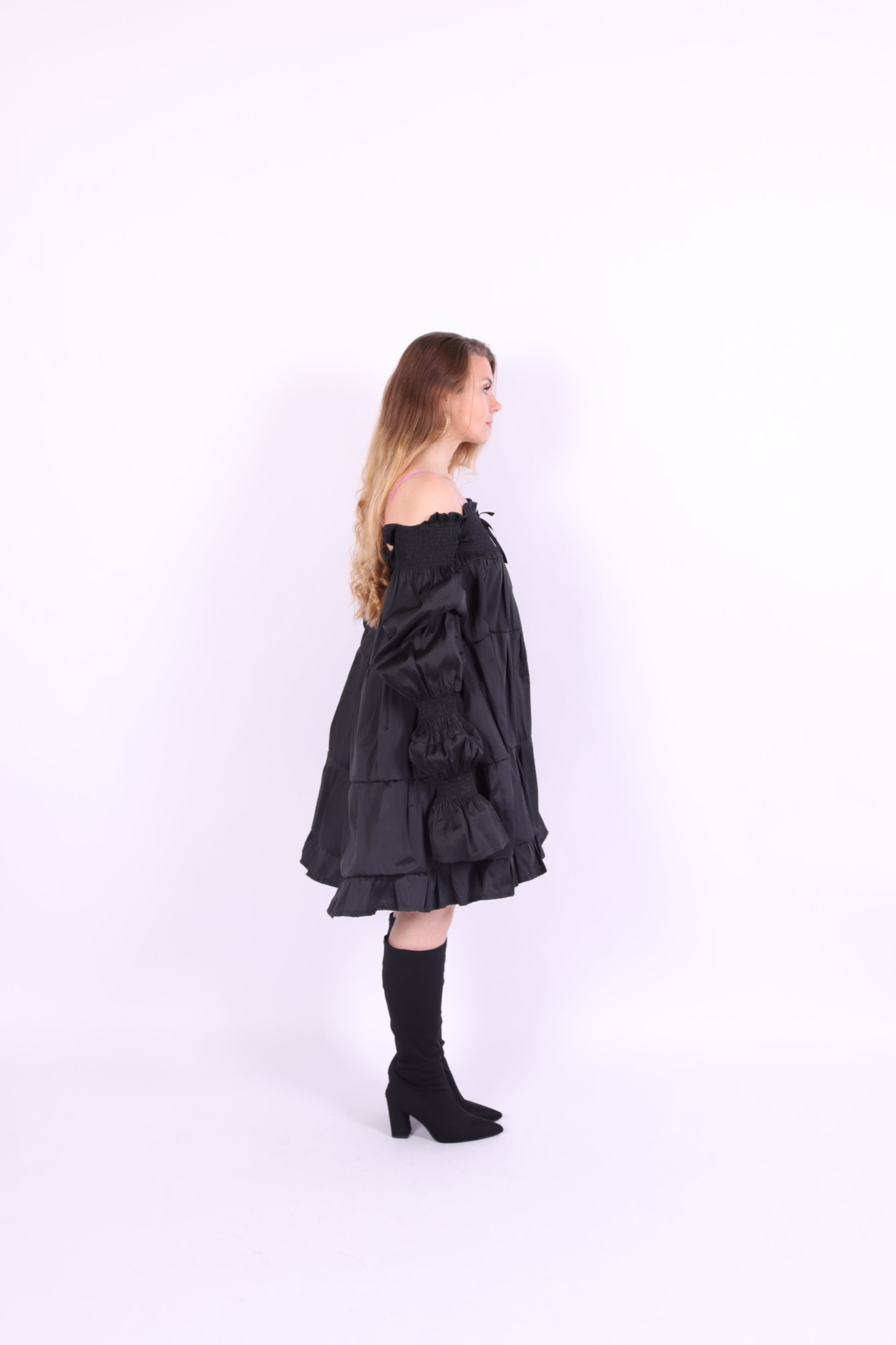 Black tiered taffeta mini puff dress with long puff sleeve - Bellatrix Dress - Delta Of Phoenix