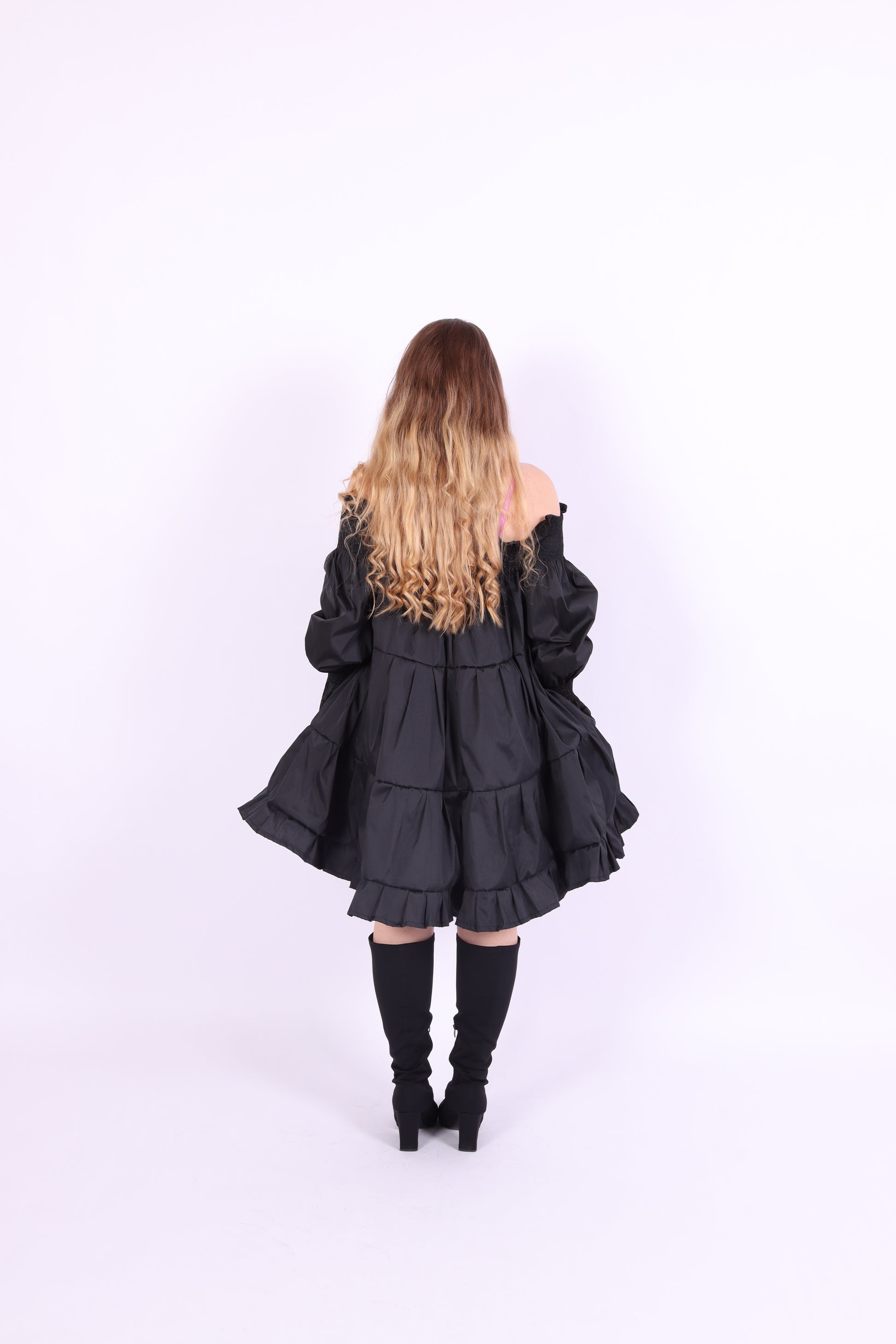 Black tiered taffeta mini puff dress with long puff sleeve - Bellatrix Dress - Delta Of Phoenix