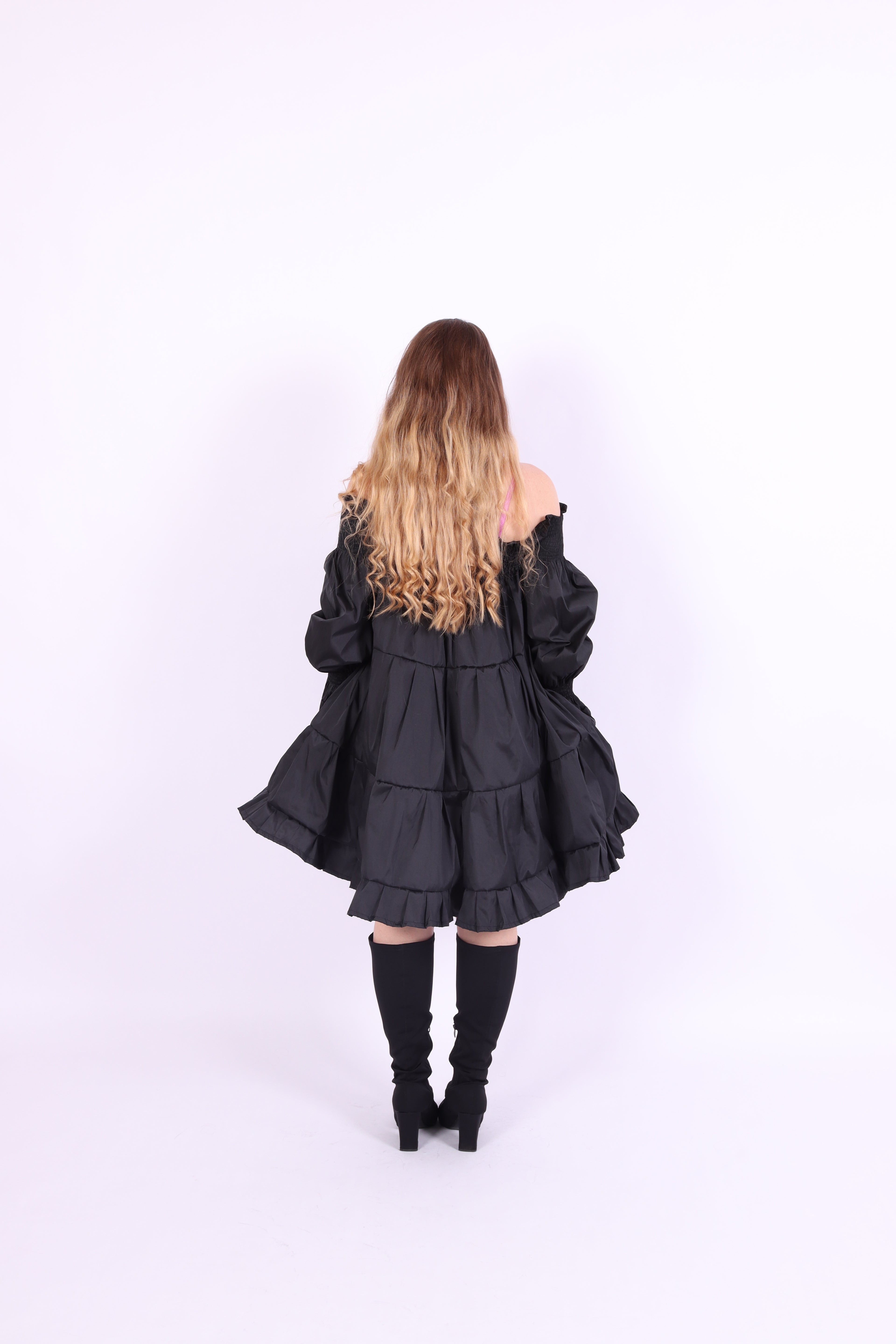 Black tiered taffeta mini puff dress with long puff sleeve - Bellatrix Dress - Delta Of Phoenix