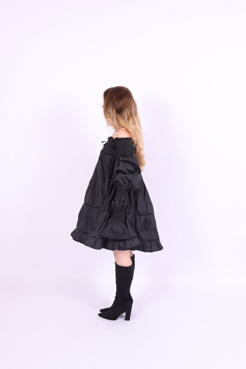 Black tiered taffeta mini puff dress with long puff sleeve - Bellatrix Dress - Delta Of Phoenix