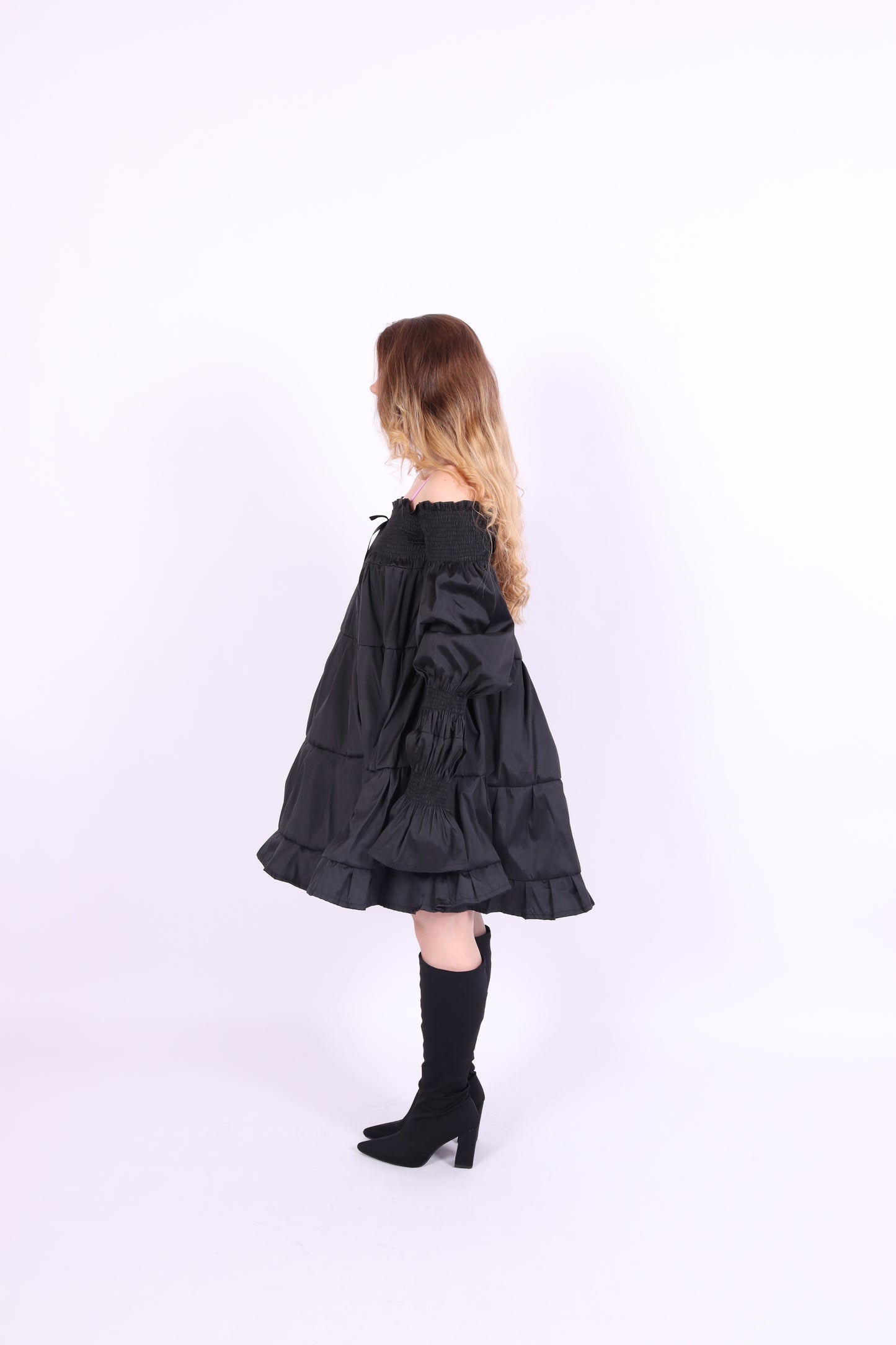 Black tiered taffeta mini puff dress with long puff sleeve - Bellatrix Dress - Delta Of Phoenix