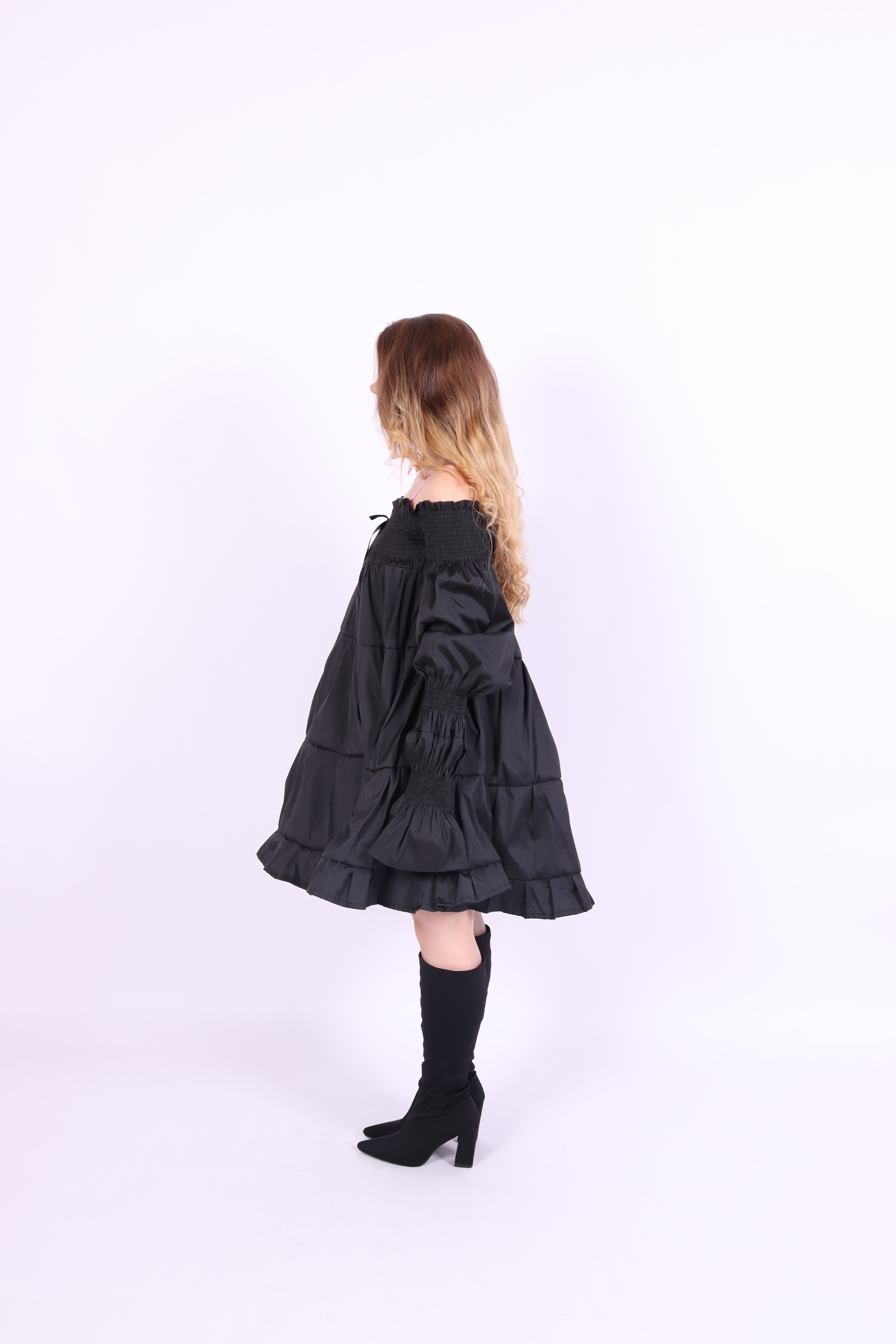 Black tiered taffeta mini puff dress with long puff sleeve - Bellatrix Dress - Delta Of Phoenix