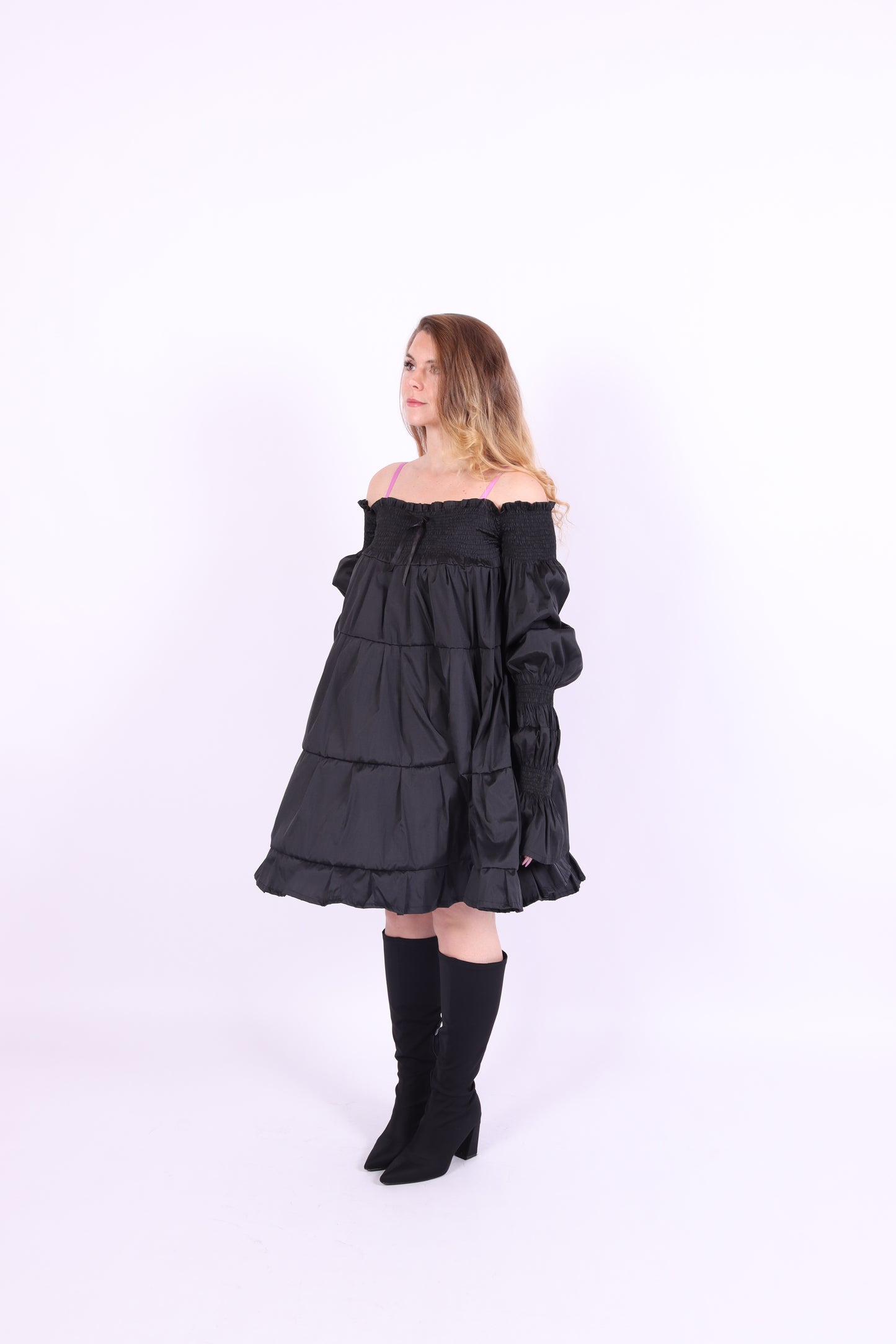 Black tiered taffeta mini puff dress with long puff sleeve - Bellatrix Dress - Delta Of Phoenix