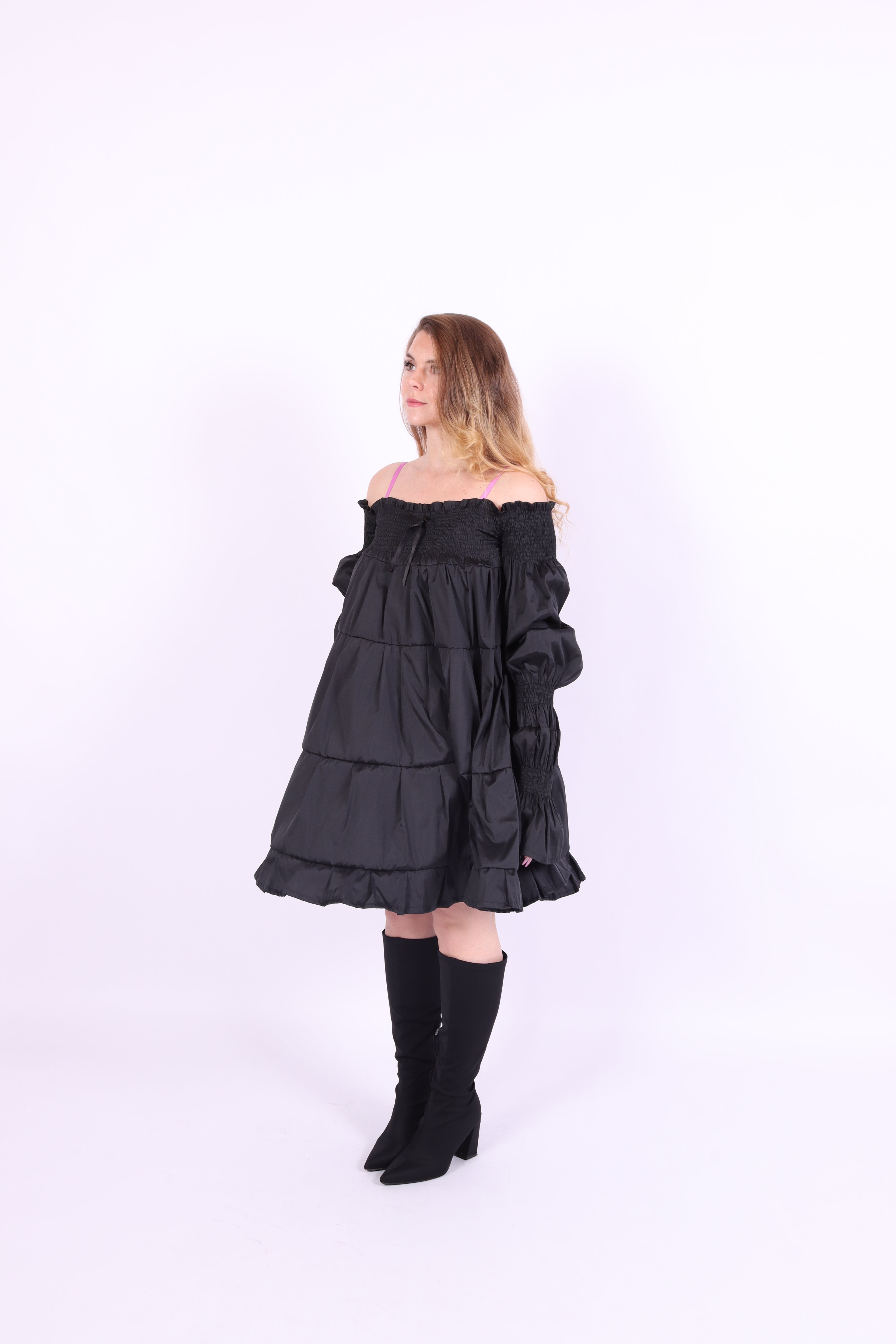 Black tiered taffeta mini puff dress with long puff sleeve - Bellatrix Dress - Delta Of Phoenix