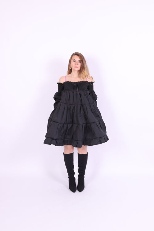 Black tiered taffeta mini puff dress with long puff sleeve - Bellatrix Dress - Delta Of Phoenix