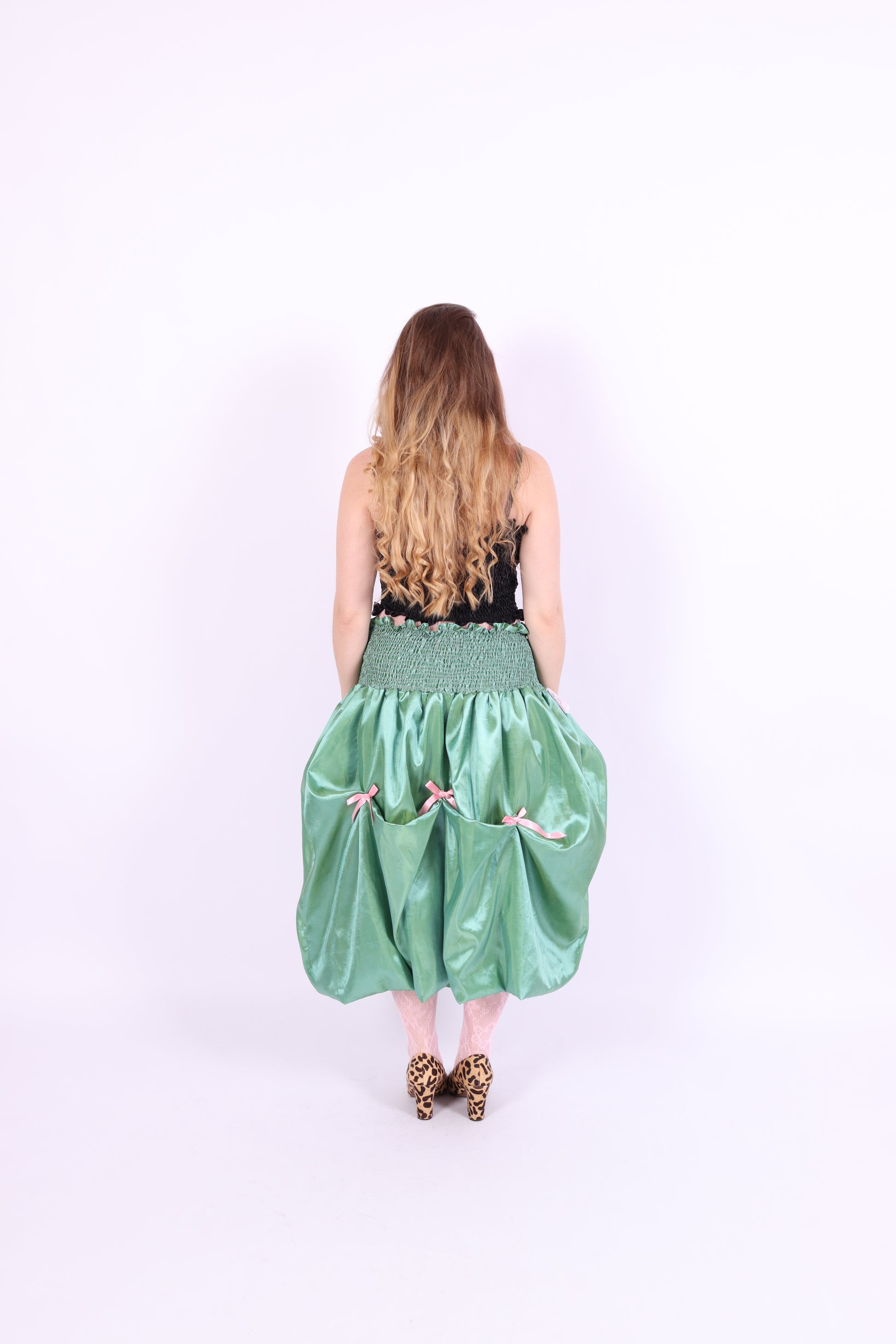 green taffeta midi bubble skirt with pink black and pink bows - desiree bubble midi skirt - delta of phoenix