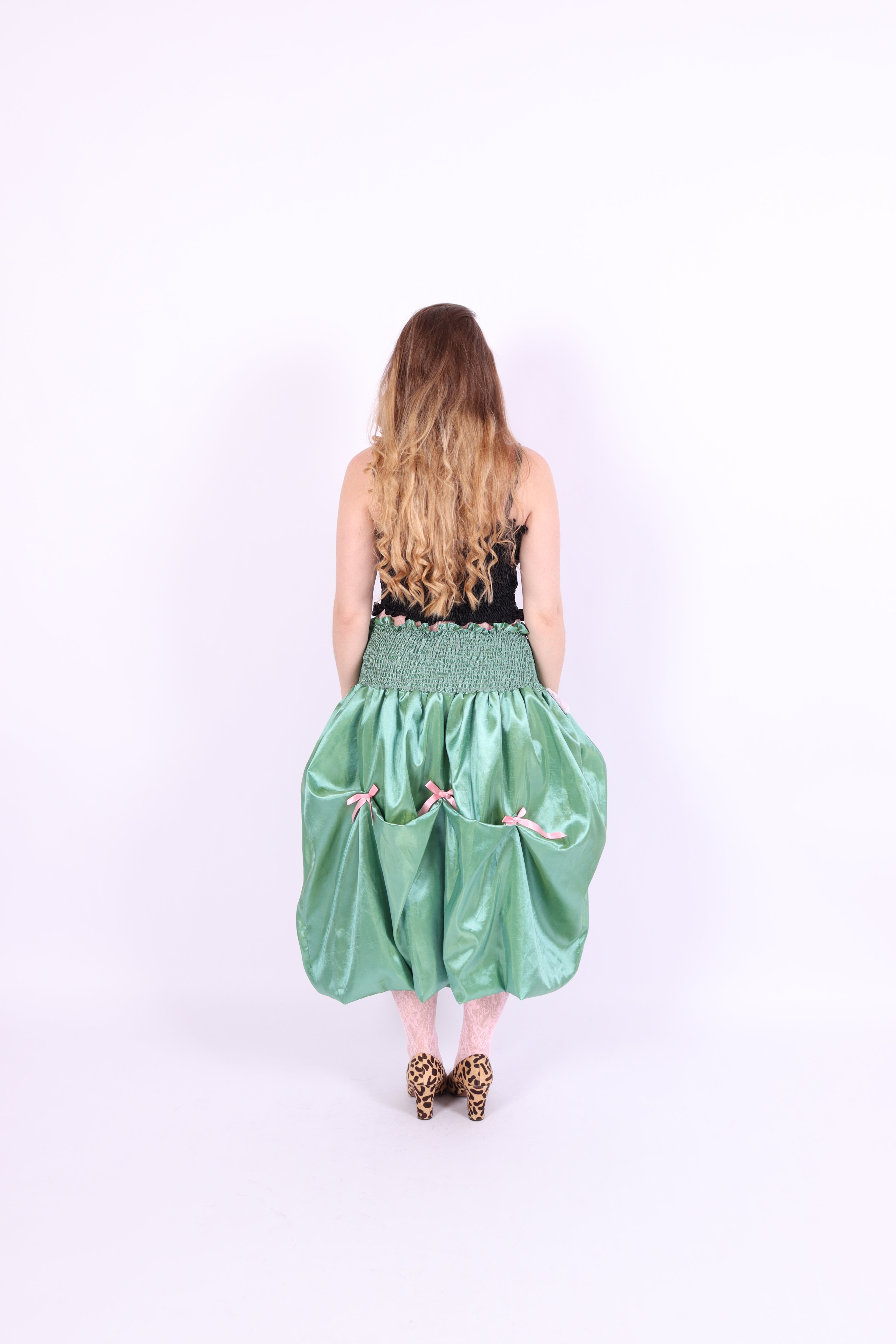green taffeta midi bubble skirt with pink black and pink bows - desiree bubble midi skirt - delta of phoenix