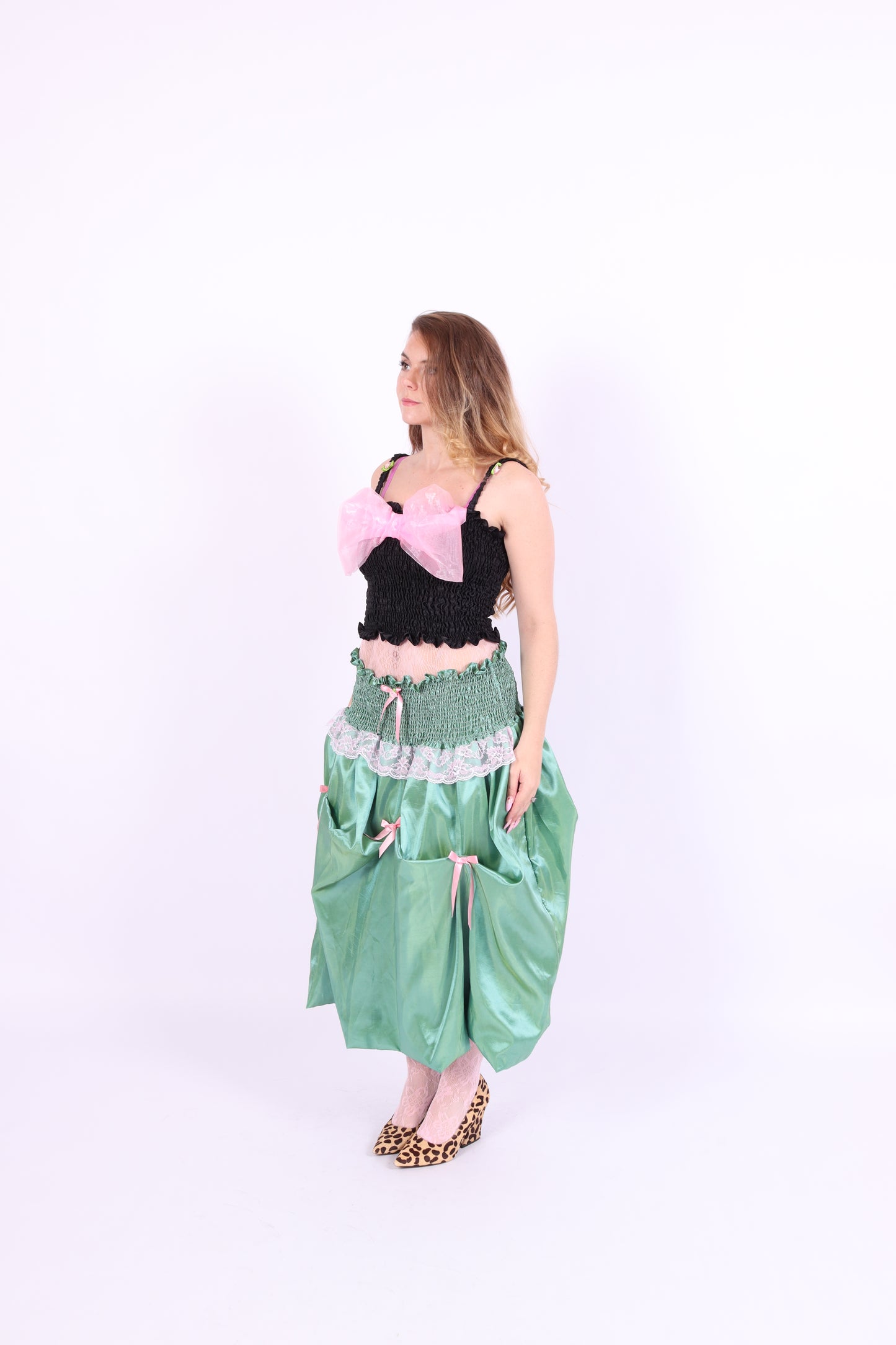 green taffeta midi bubble skirt with pink black and pink bows - desiree bubble midi skirt - delta of phoenix