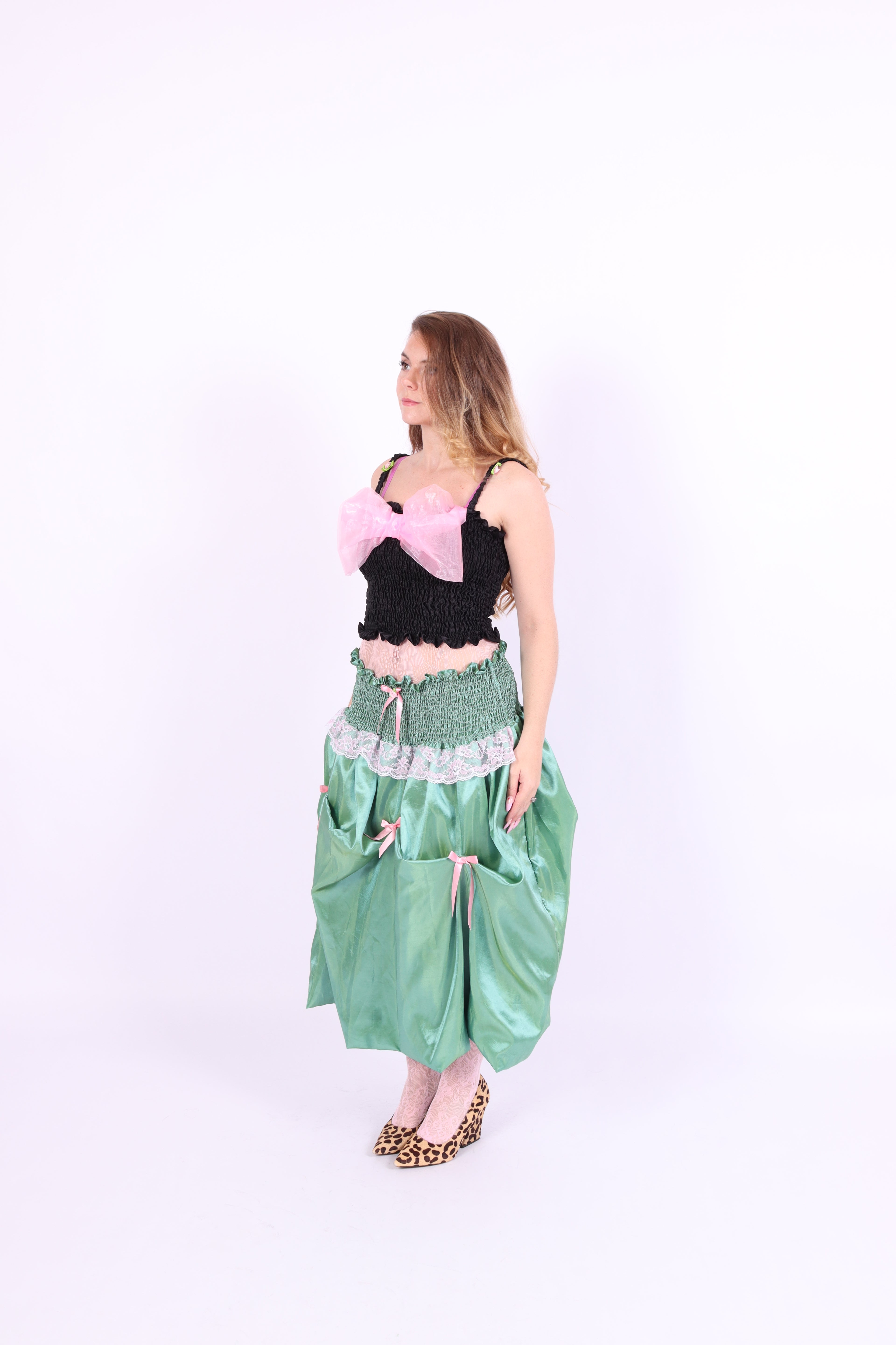 green taffeta midi bubble skirt with pink black and pink bows - desiree bubble midi skirt - delta of phoenix