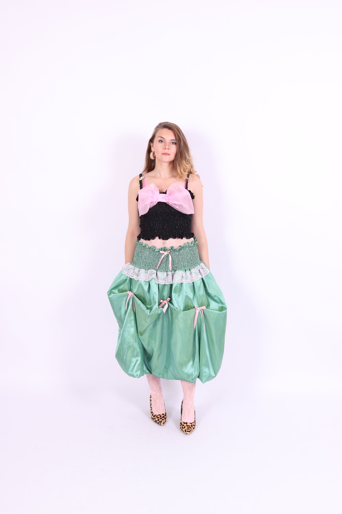 green taffeta midi bubble skirt with pink black and pink bows - desiree bubble midi skirt - delta of phoenix