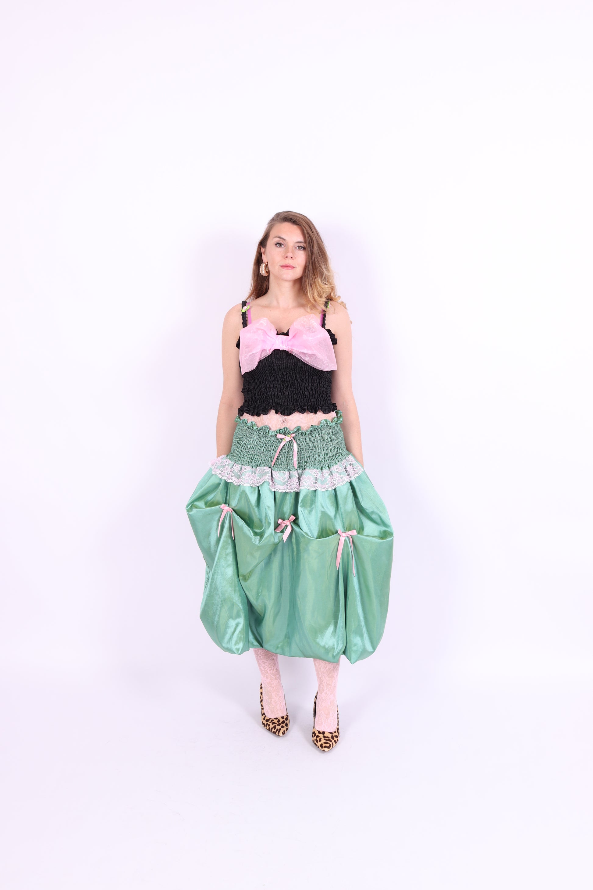 green taffeta midi bubble skirt with pink black and pink bows - desiree bubble midi skirt - delta of phoenix