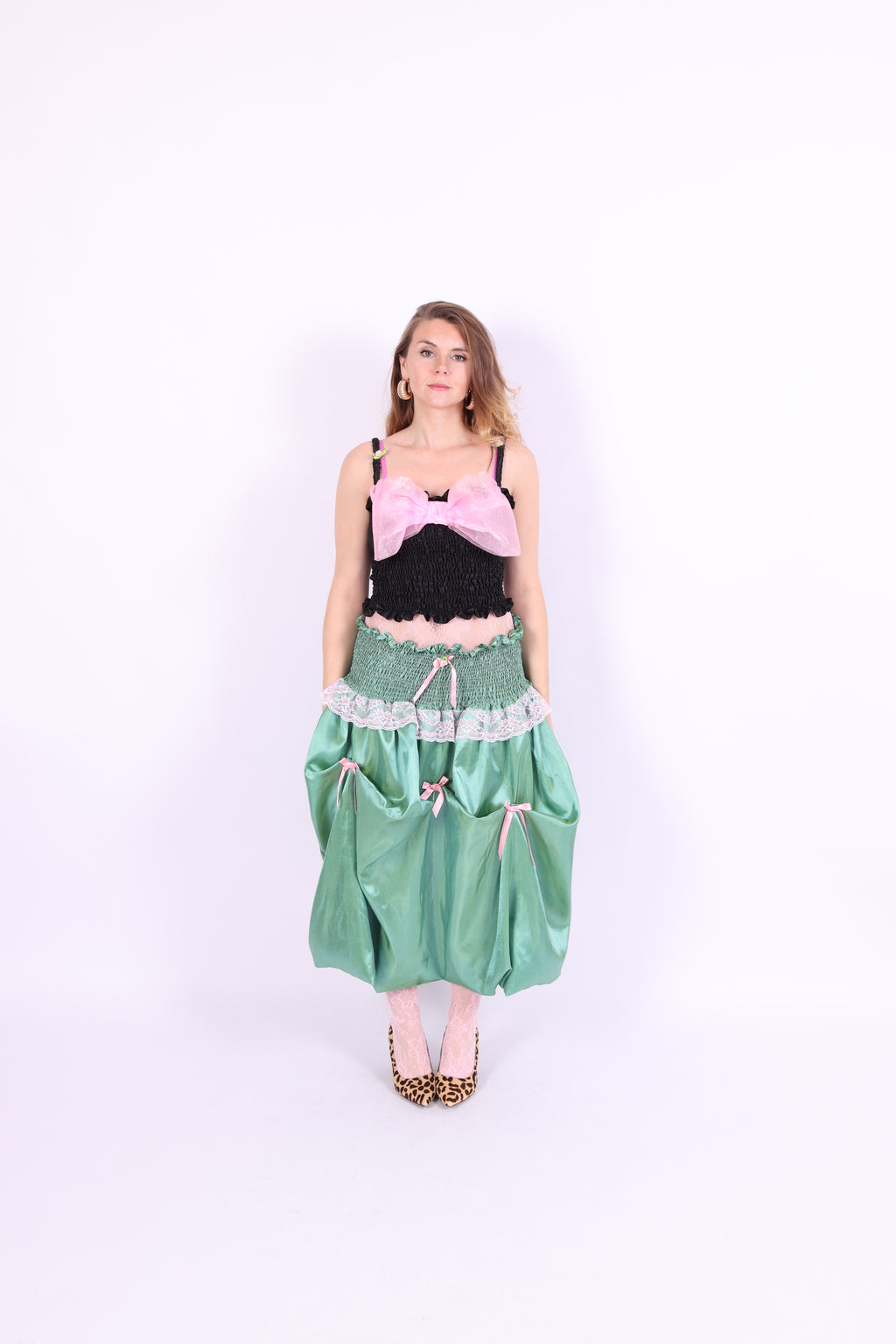 green taffeta midi bubble skirt with pink black and pink bows - desiree bubble midi skirt - delta of phoenix
