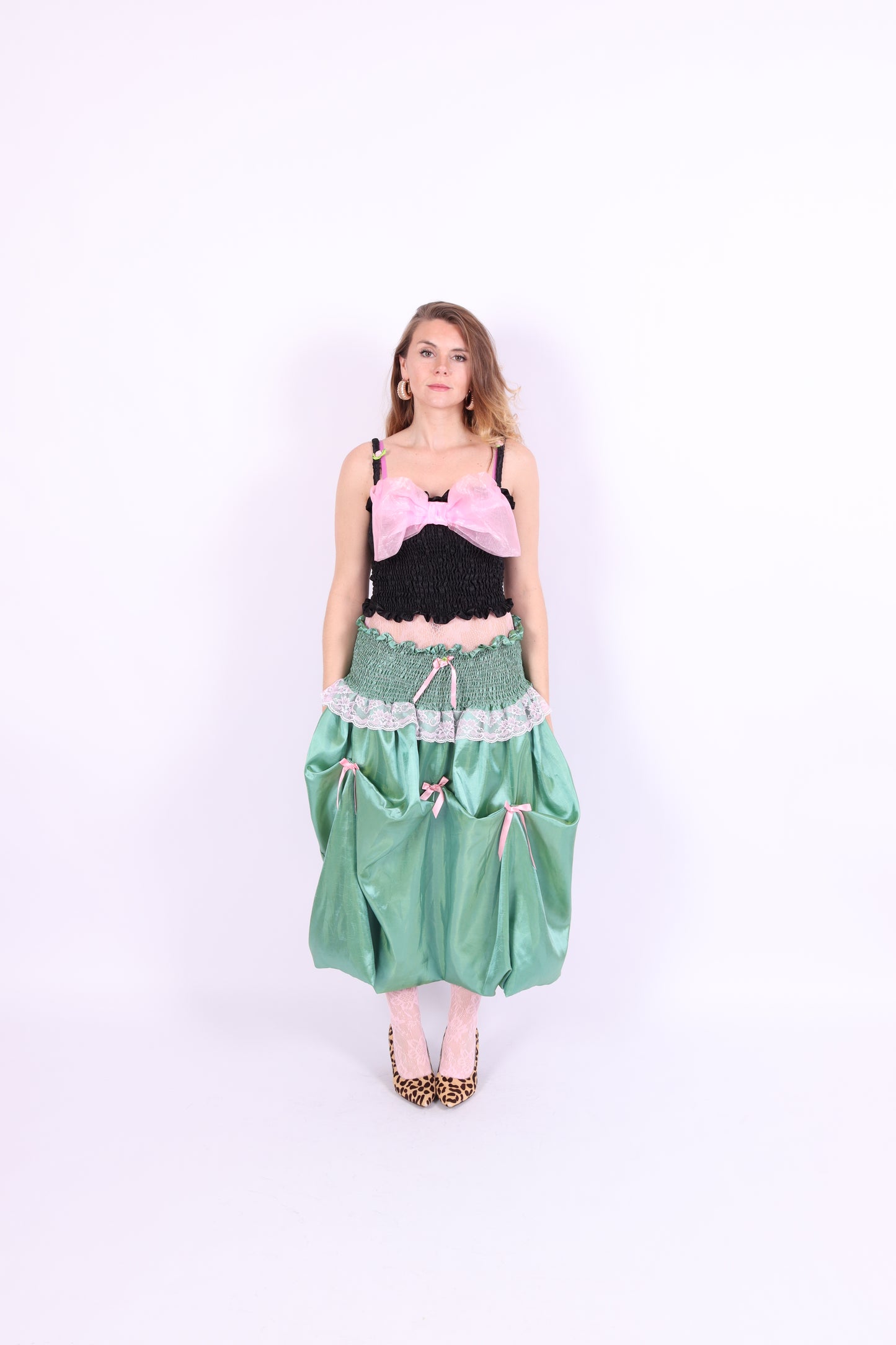 green taffeta midi bubble skirt with pink black and pink bows - desiree bubble midi skirt - delta of phoenix