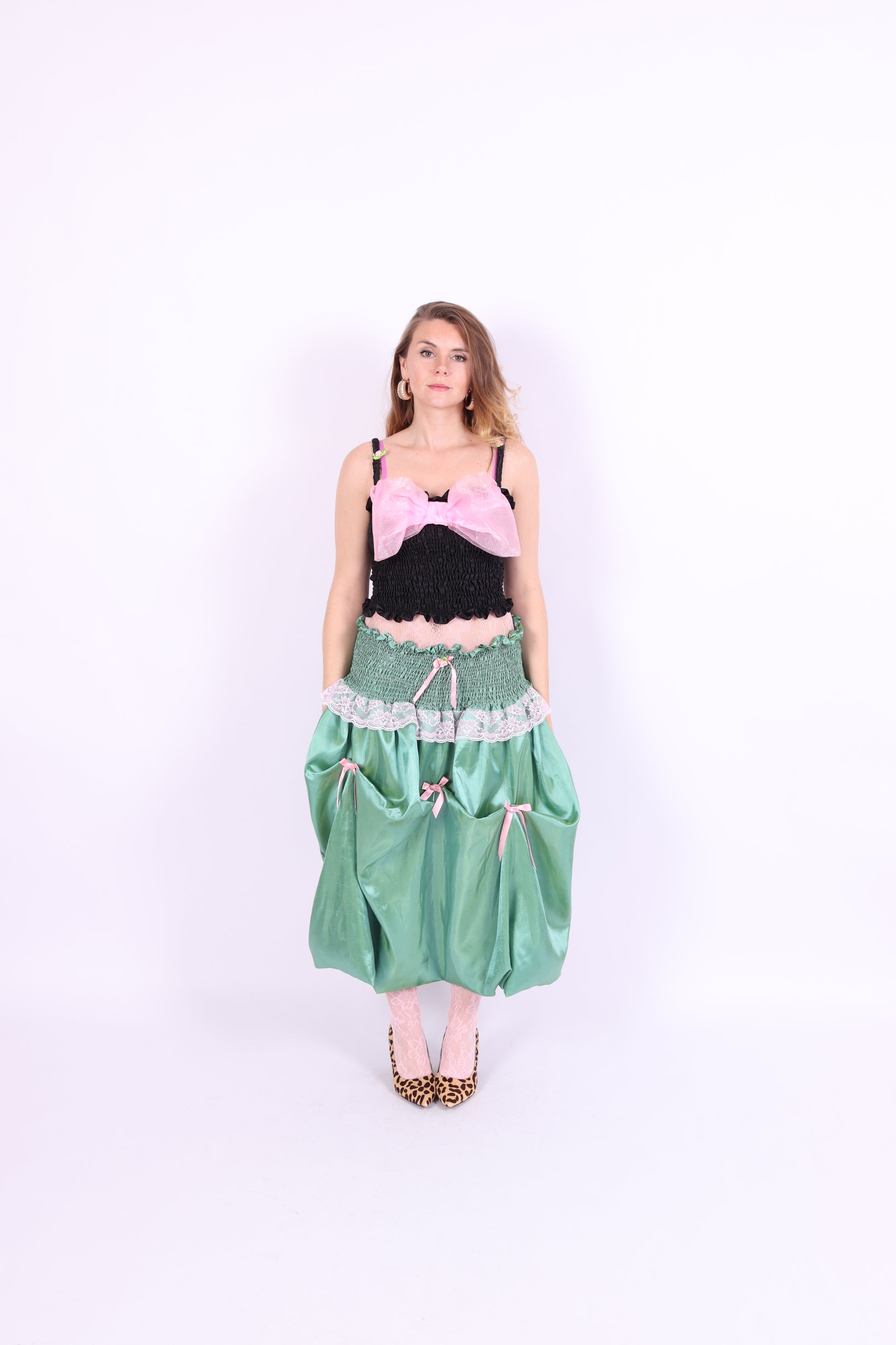 green taffeta midi bubble skirt with pink black and pink bows - desiree bubble midi skirt - delta of phoenix