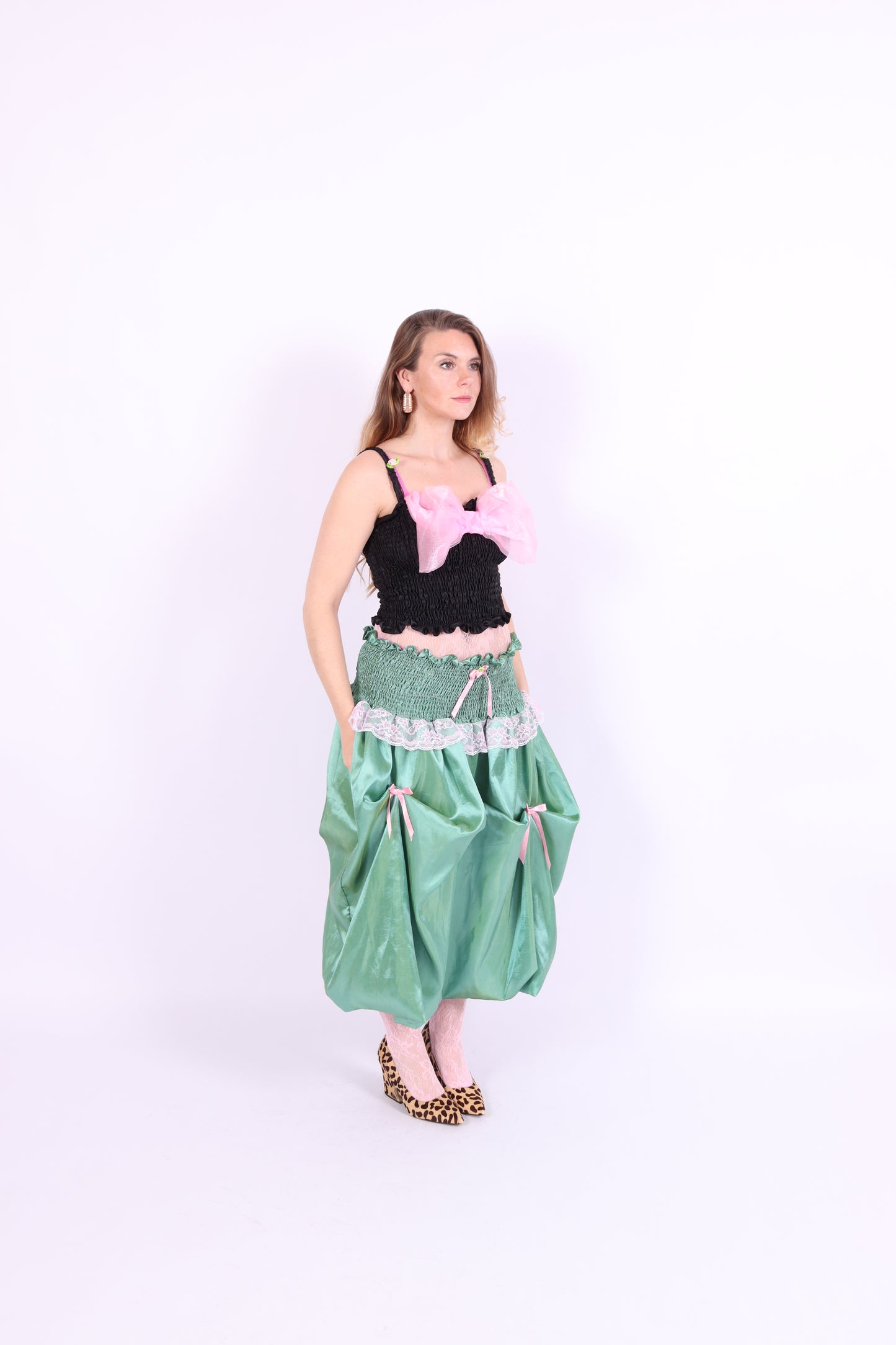 green taffeta midi bubble skirt with pink black and pink bows - desiree bubble midi skirt - delta of phoenix