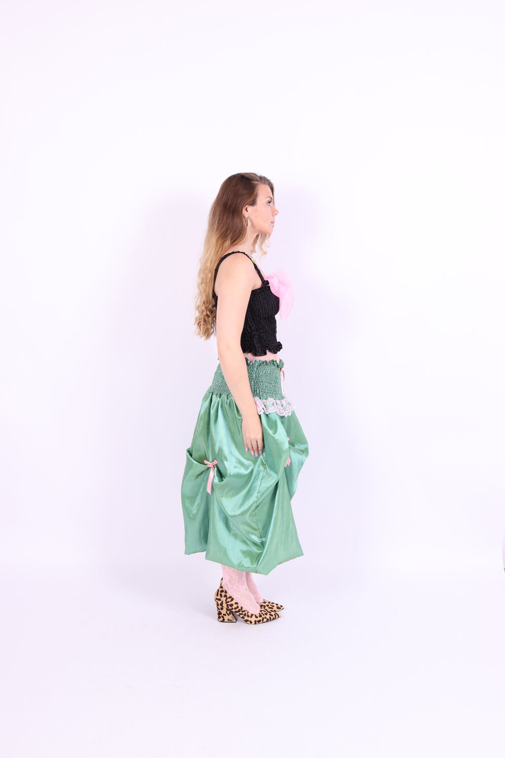 green taffeta midi bubble skirt with pink black and pink bows - desiree bubble midi skirt - delta of phoenix